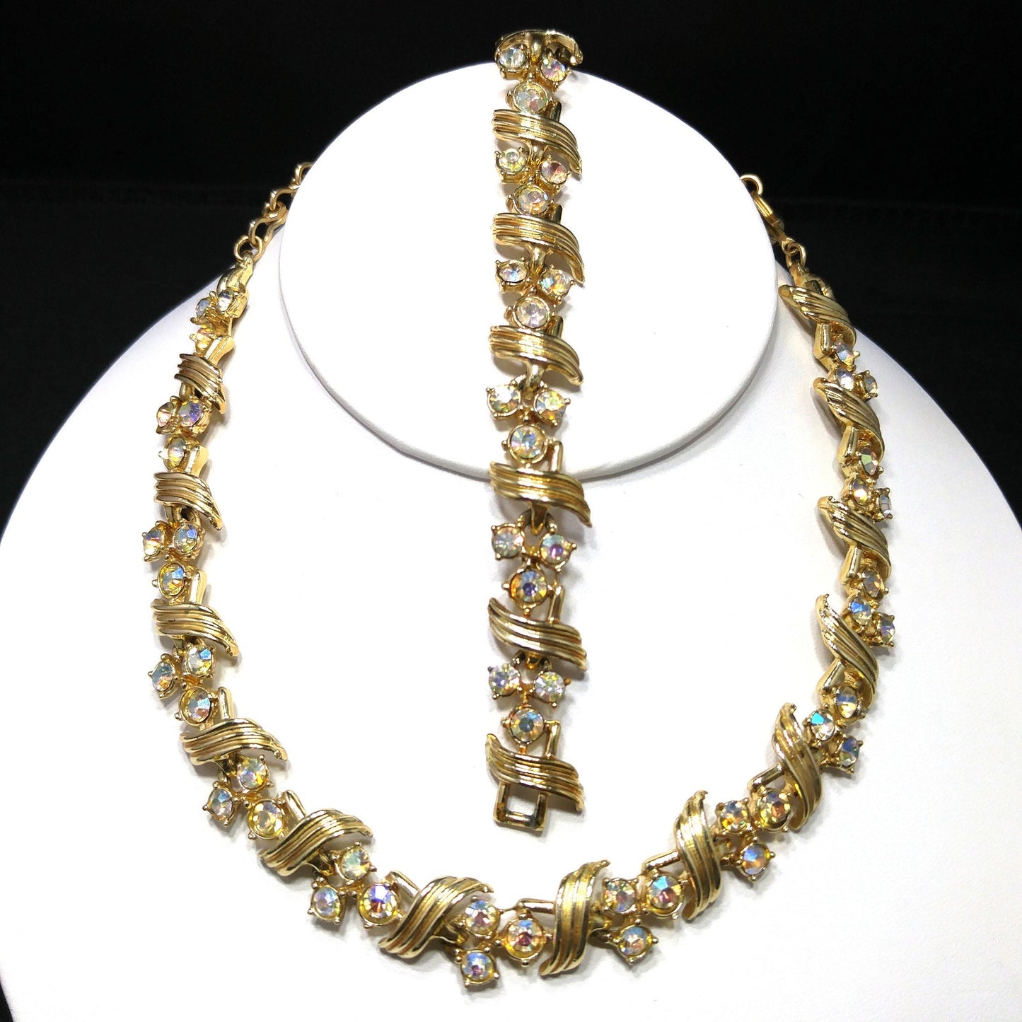 Vintage Aurora Borealis Rhinestone Necklace Bracelet Set, Gold Plated, 1960s Vintage Jewelry