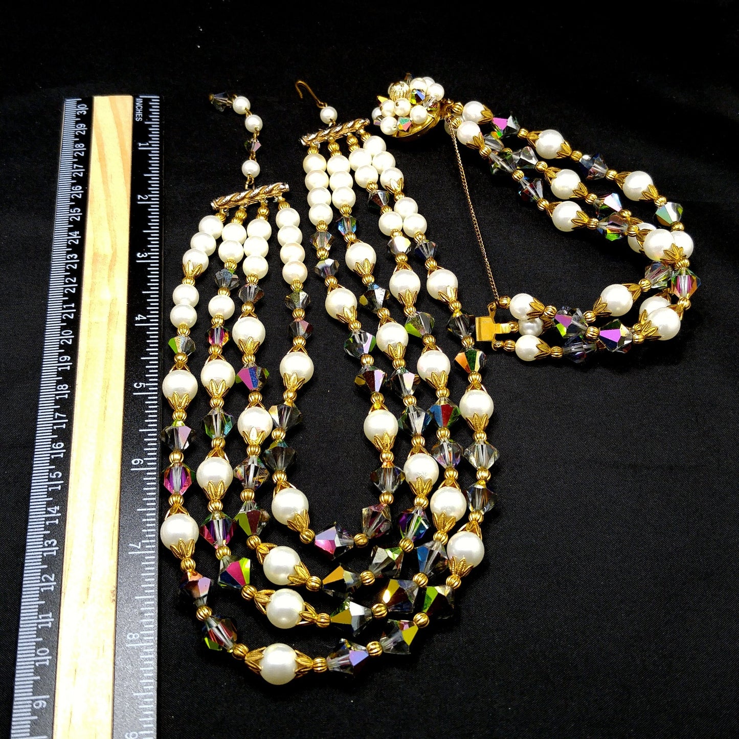 Alice Caviness Necklace & Bracelet Set, Aurora Borealis Crystal Faux Pearl Beads, 1960s Vintage Jewelry