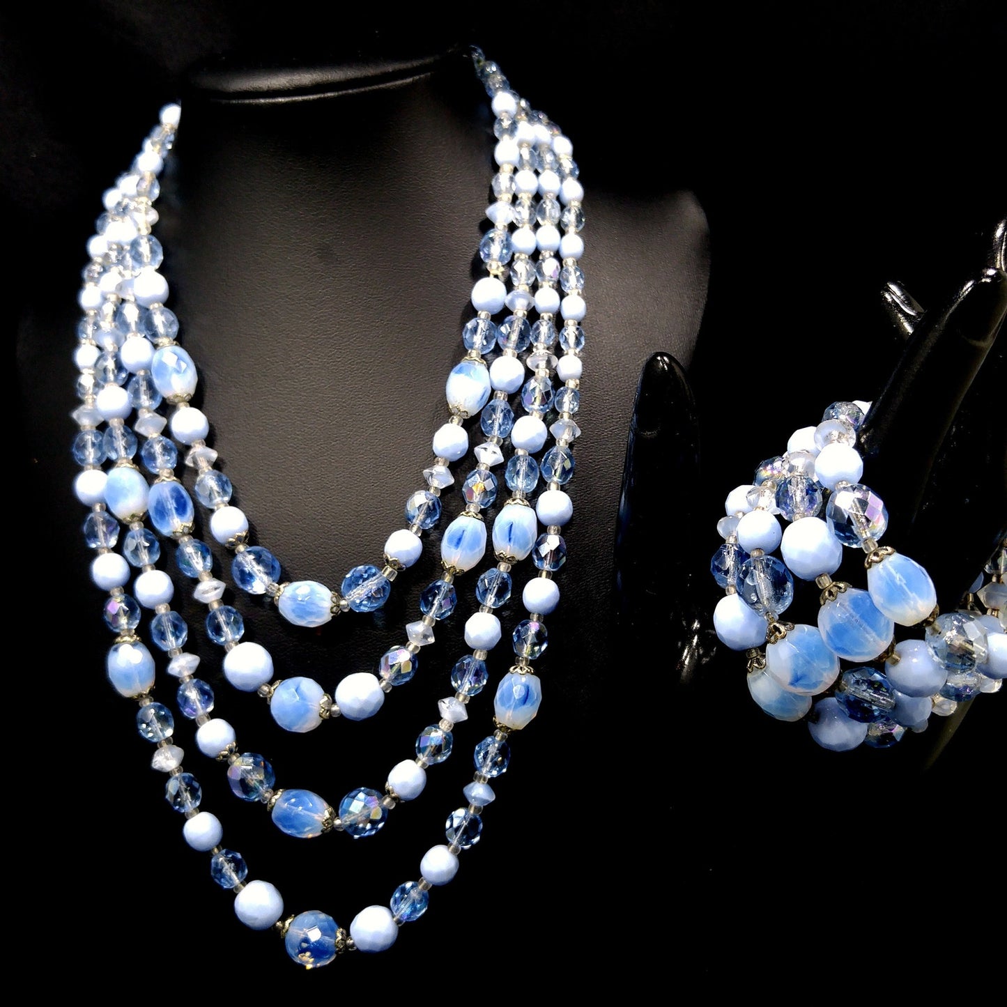 West Germany Blue Beaded Necklace & Bracelet, Art Glass Crystal Beads, 1950s Vintage Jewelry
