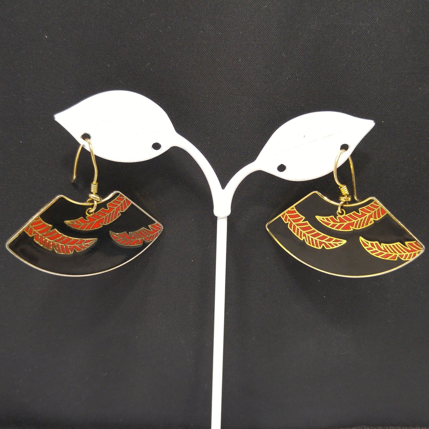 Laurel Burch Large Fan Earrings, Palm Leaves Design, Black Red Enamel, Gold Plated, 1980s