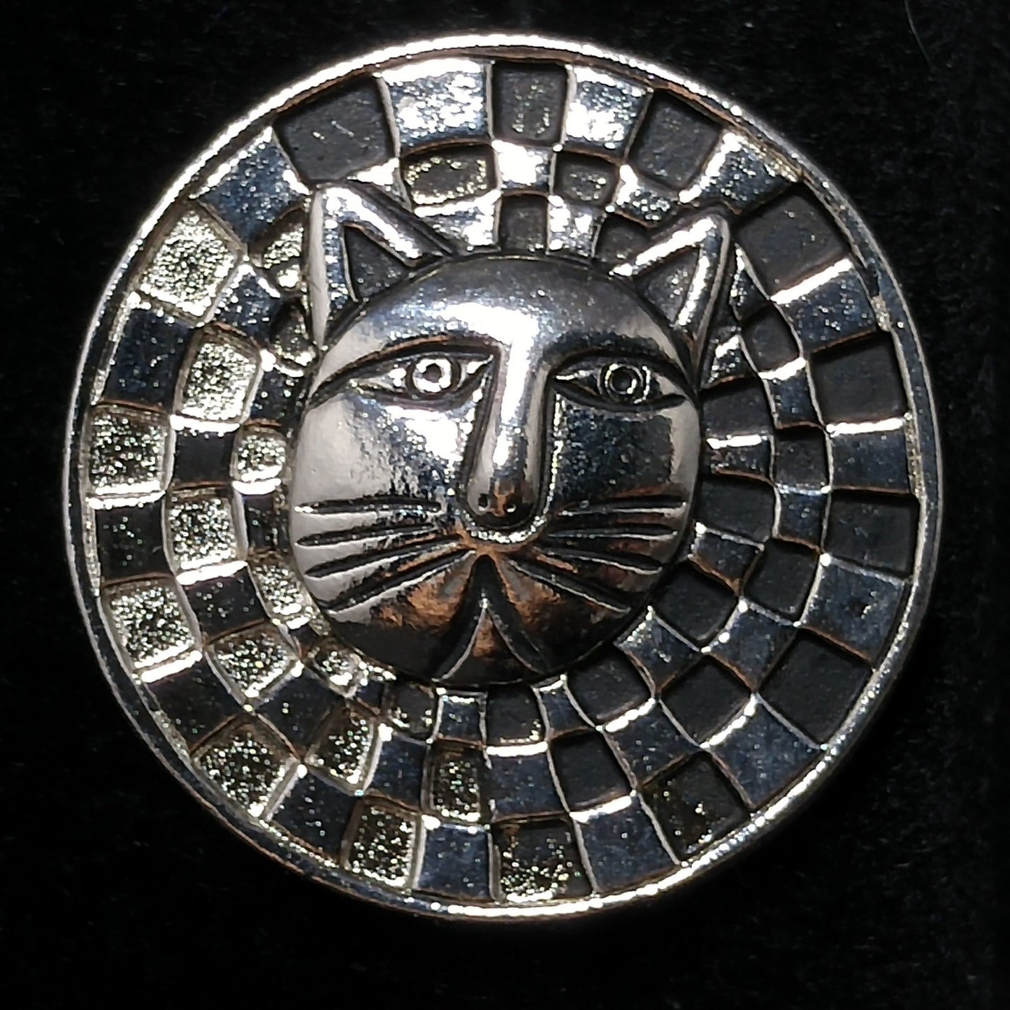 Laurel Burch Cat Face Post Earrings, Checkerboard Background, Rhodium Plate