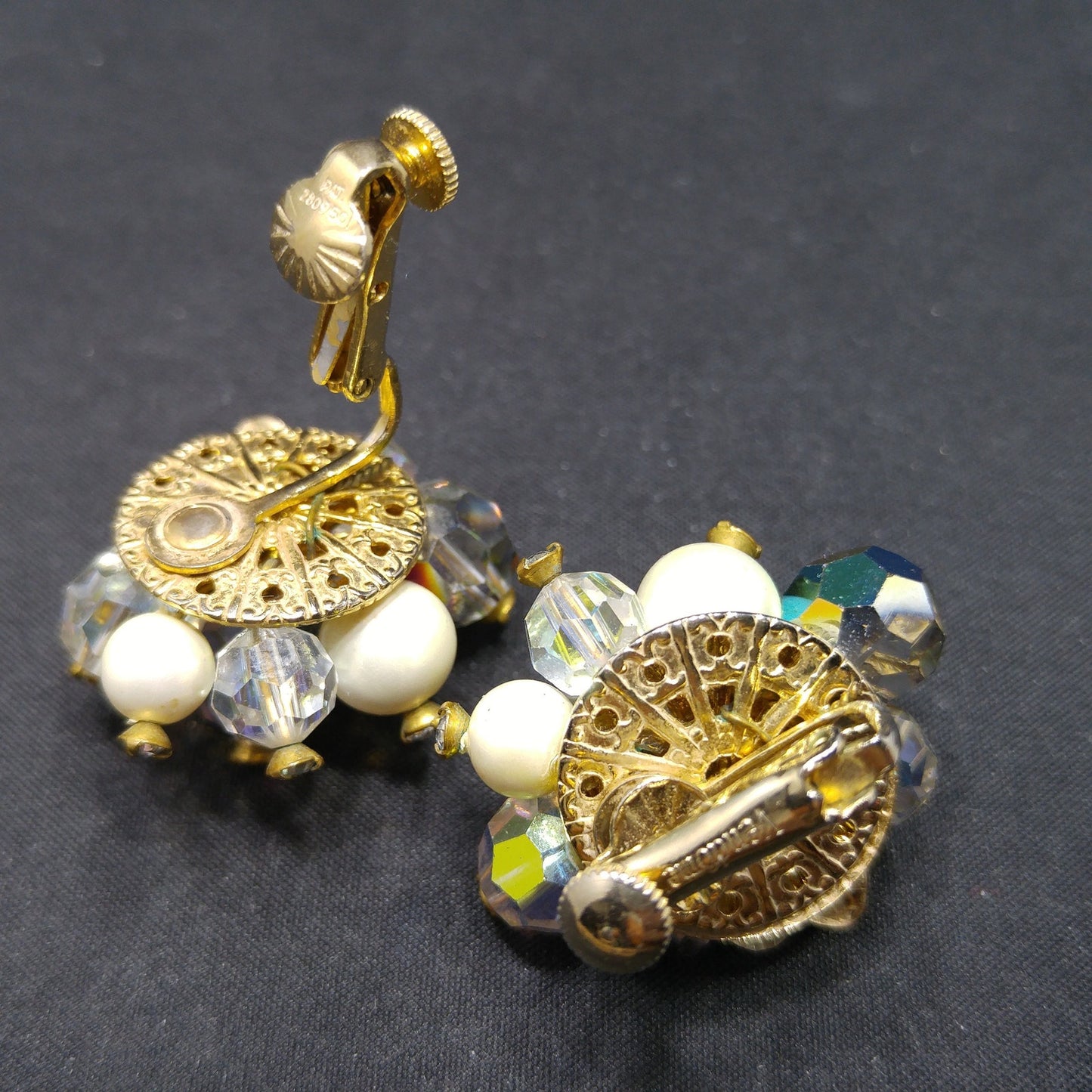 Vendome Floral Bead Crystal Clip Earrings, Faux Pearls, Vitrail Crystal, 1960s Vintage Jewelry