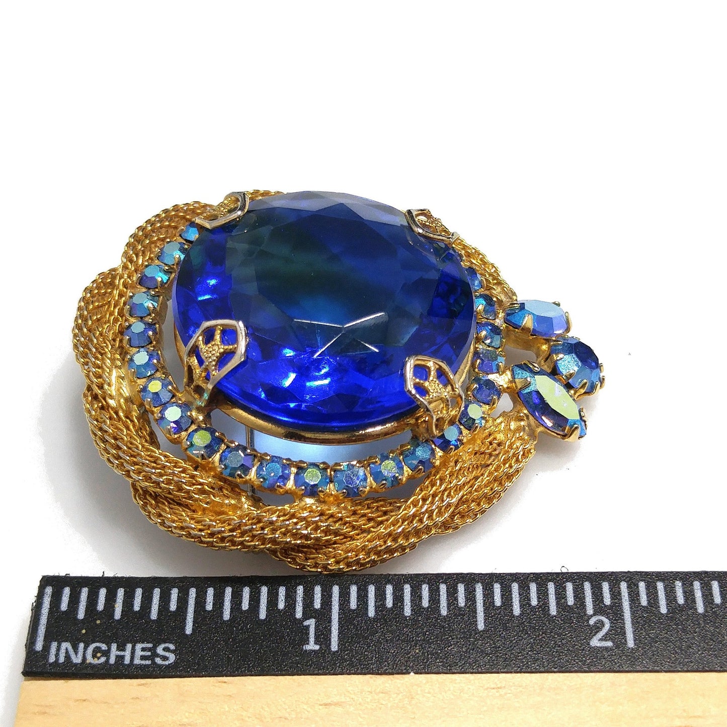 Large Blue Glass & AB Rhinestones Brooch, Gold Plated Mesh Frame, 1960s Vintage Jewelry