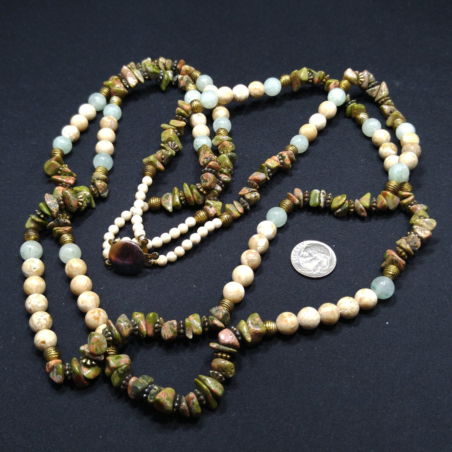 Gemstone Two Strand Beaded Necklace, Jade, Rhyolite and Quartz, 1980s Vintage Jewelry
