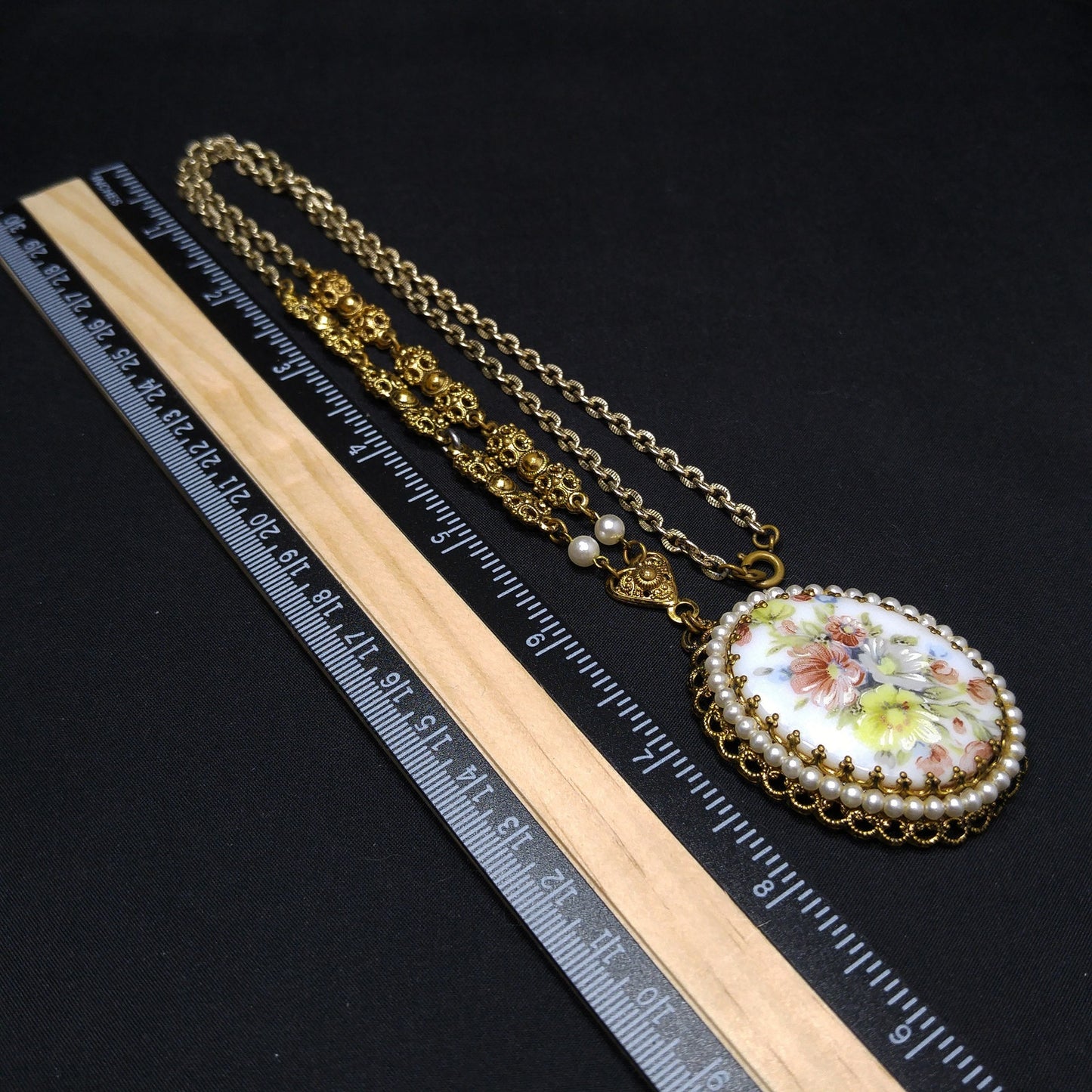 West Germany Floral Ceramic Pendant Necklace, Faux Pearls, 1960s Vintage Jewelry