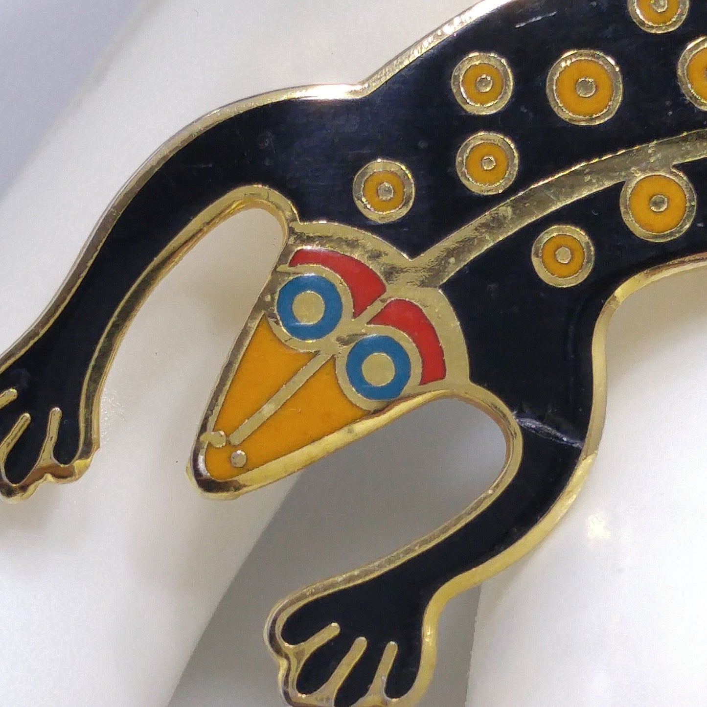 Laurel Burch Black "Lizard" Brooch, Gold Plated Cloisonne, 1980s Vintage Jewelry