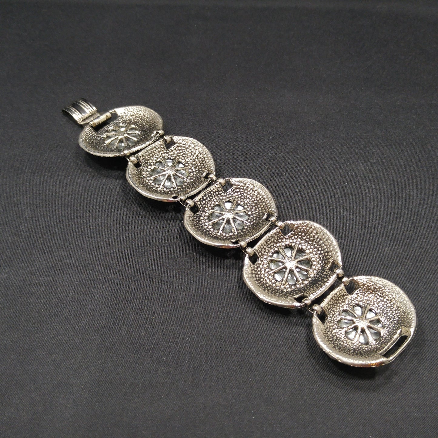 Mid-century Silver Chunky Five Link Bracelet, Gold Plated, Blue Lucite Metallic Pearled, 1960s Vintage Jewelry