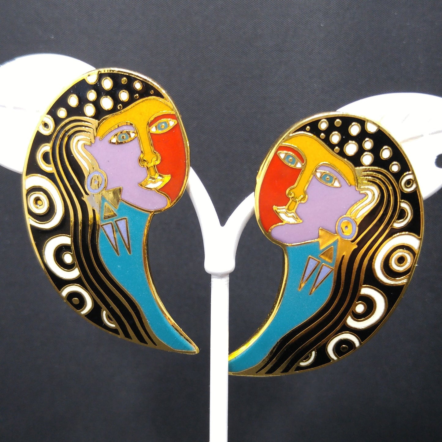 Vintage Laurel Burch "Gypsy Soul 1993" Post Earrings, Gold Plated, Enamel, 1990s