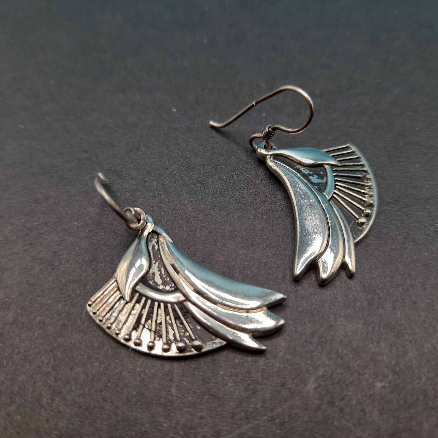 Vintage Laurel Burch Floral Drop Earrings, Rhodium Plated Flowers