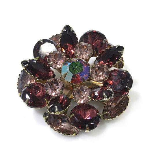 Purple & Lavender Floral Brooch, Aurora Borealis Center, 1950s Vintage Jewelry