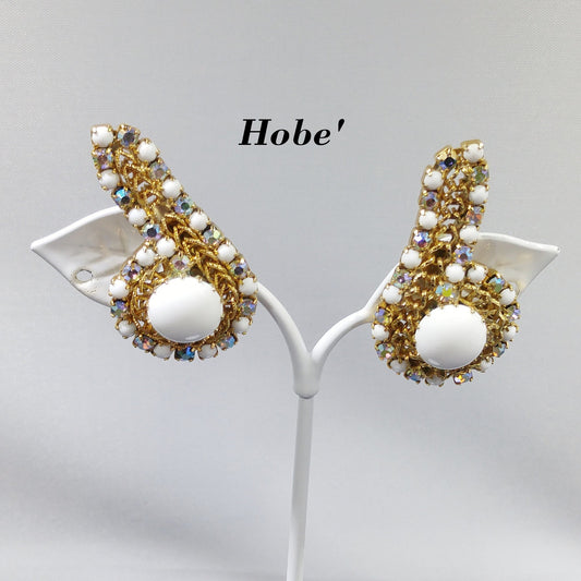 Hobe Milk Glass Clip Earrings, Gold Plated, Ear Climbers, 1960s Vintage Jewelry