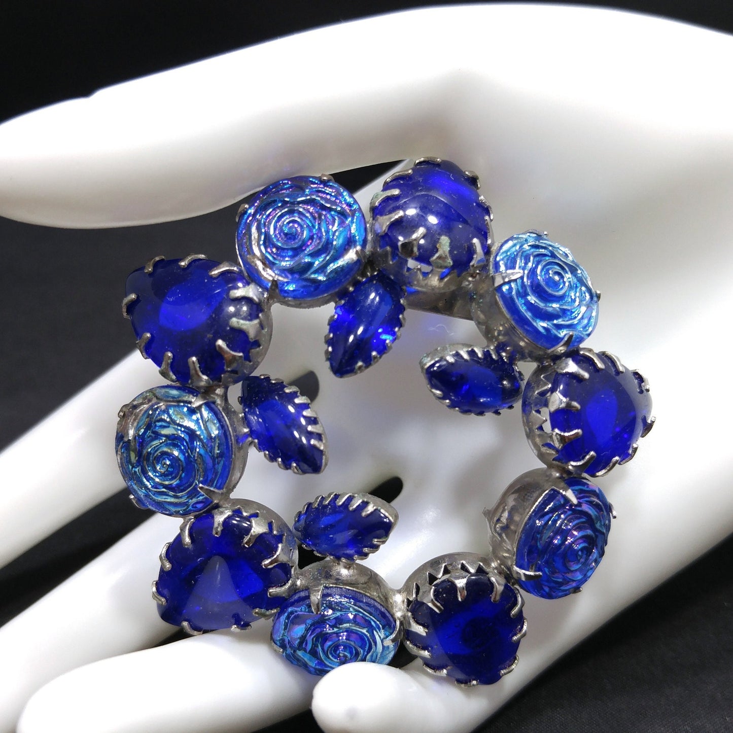 Cobalt Blue Iridescent Rose Wreath Brooch, Silver Tone, Prong Set Rhinestones, 1960s Vintage Jewelry