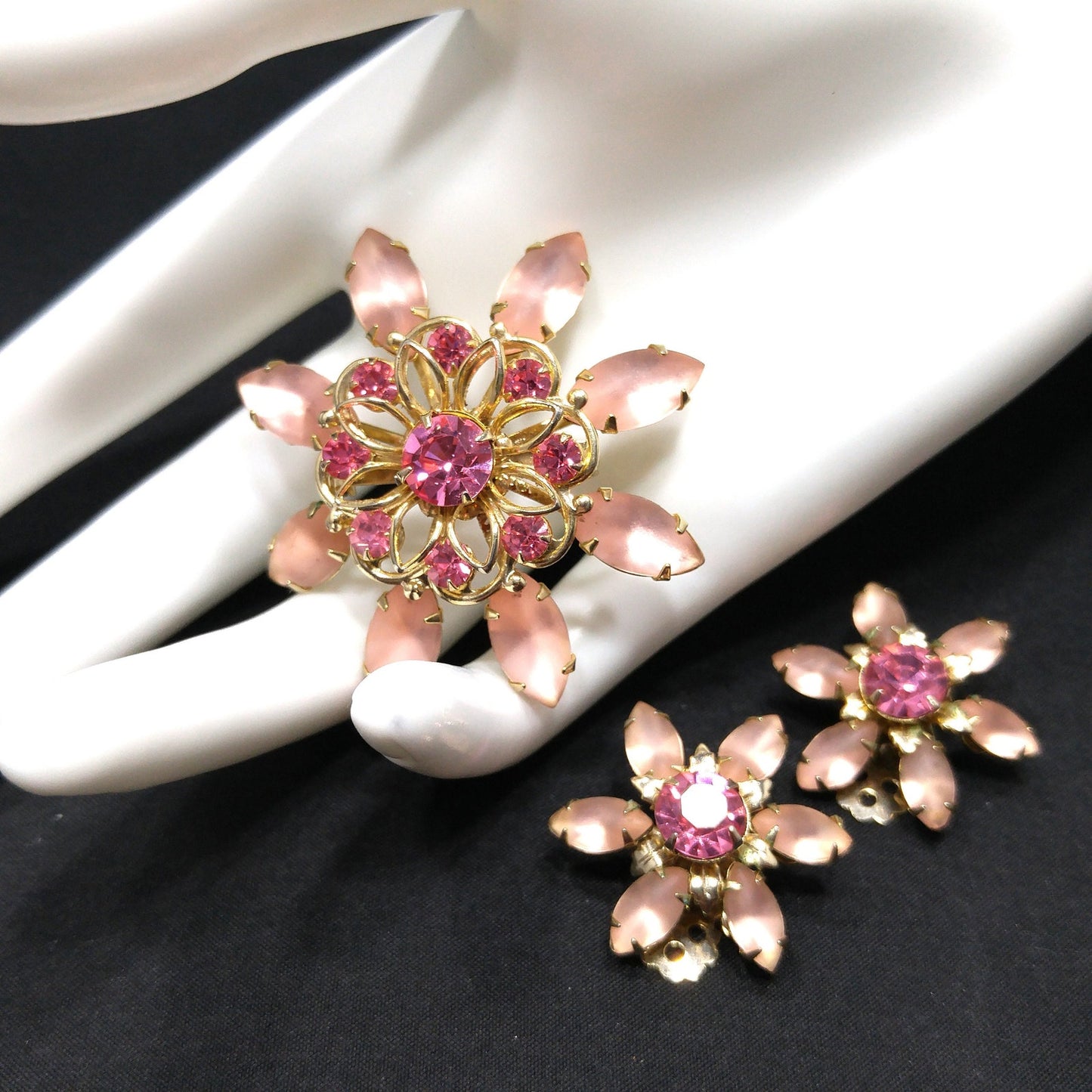 Mid-Century Pink Flower Brooch & Earrings, Frosty Light Pink Cabs, Hot Pink Rhinestones, 1950s Vintage Jewelry