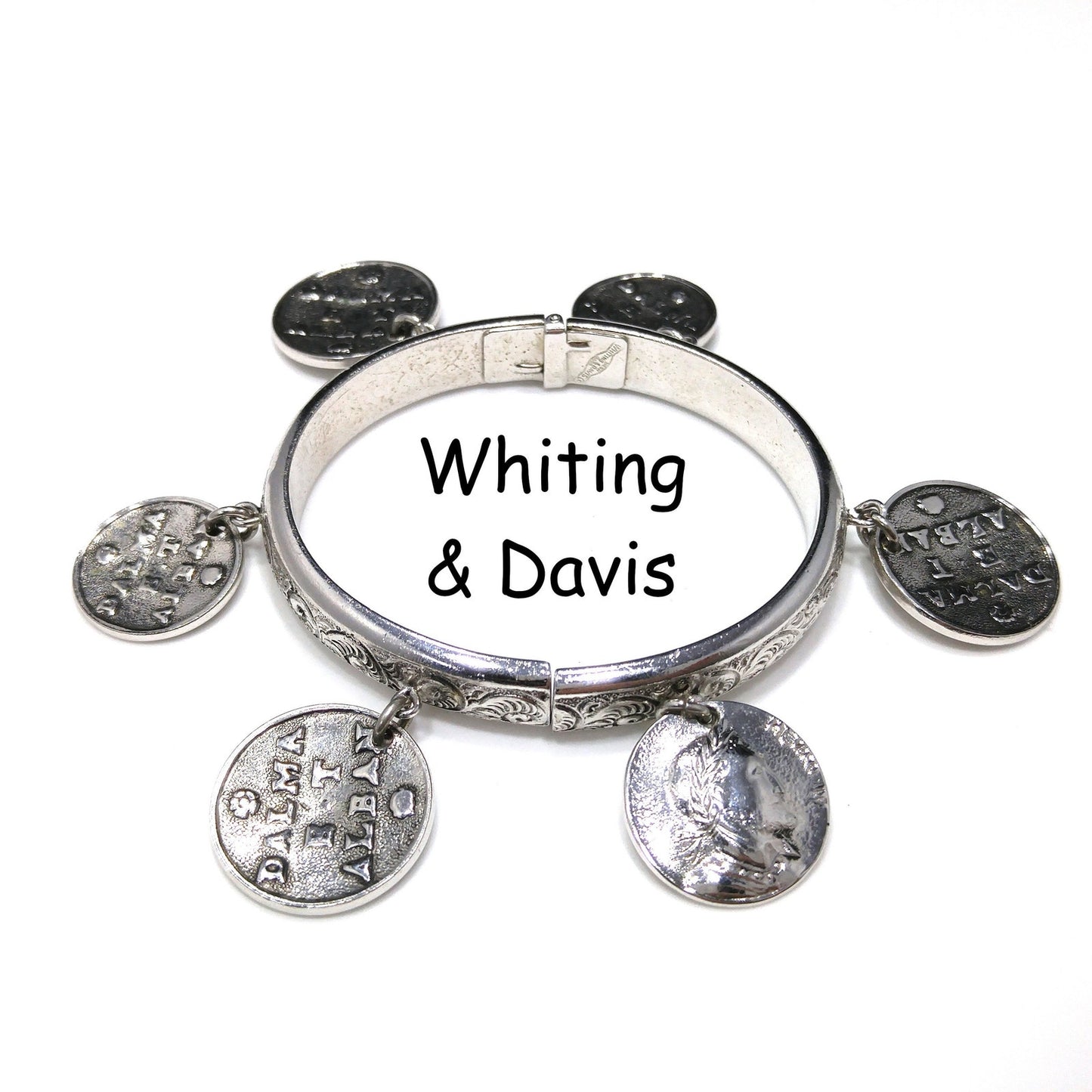 Whiting & Davis Hinged Bracelet, Six Faux Coins, Book Piece, 1980s Vintage Jewelry
