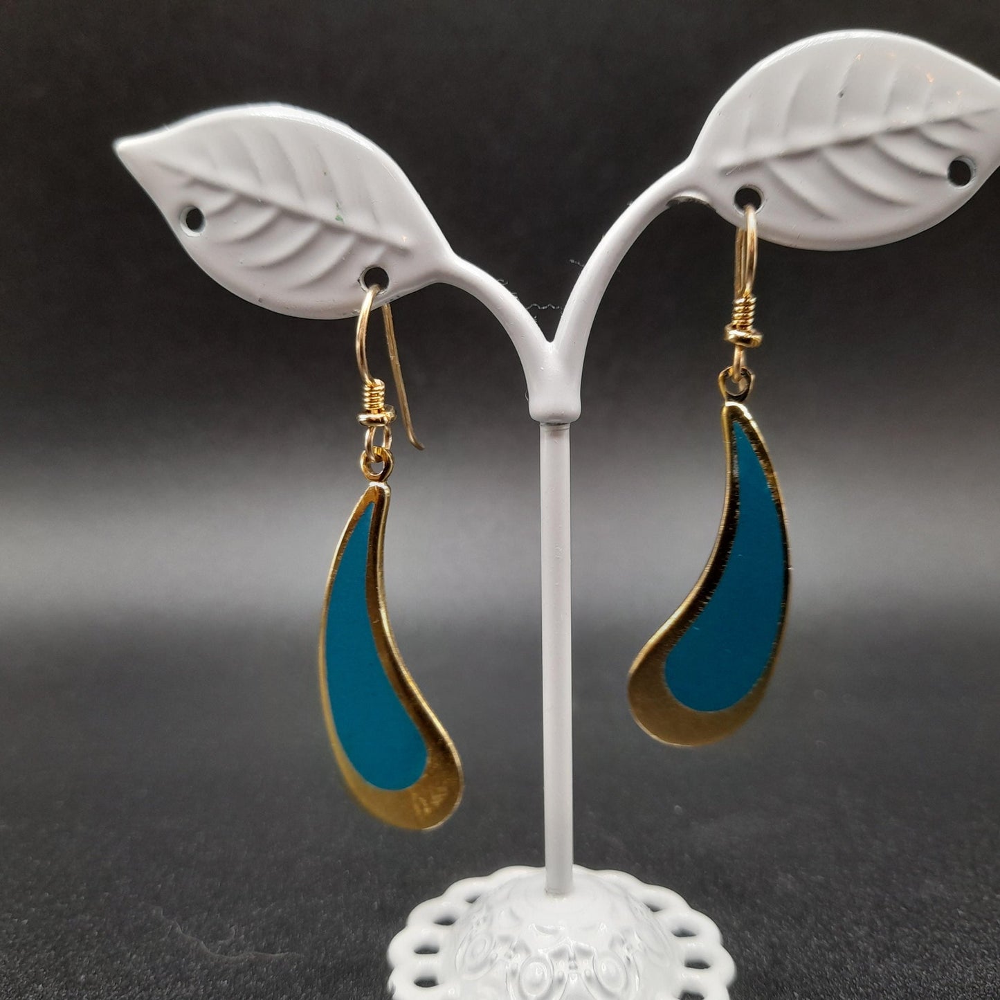 Vintage Laurel Burch Turquoise Drop Earrings, Curved Teardrop, Gold Plated
