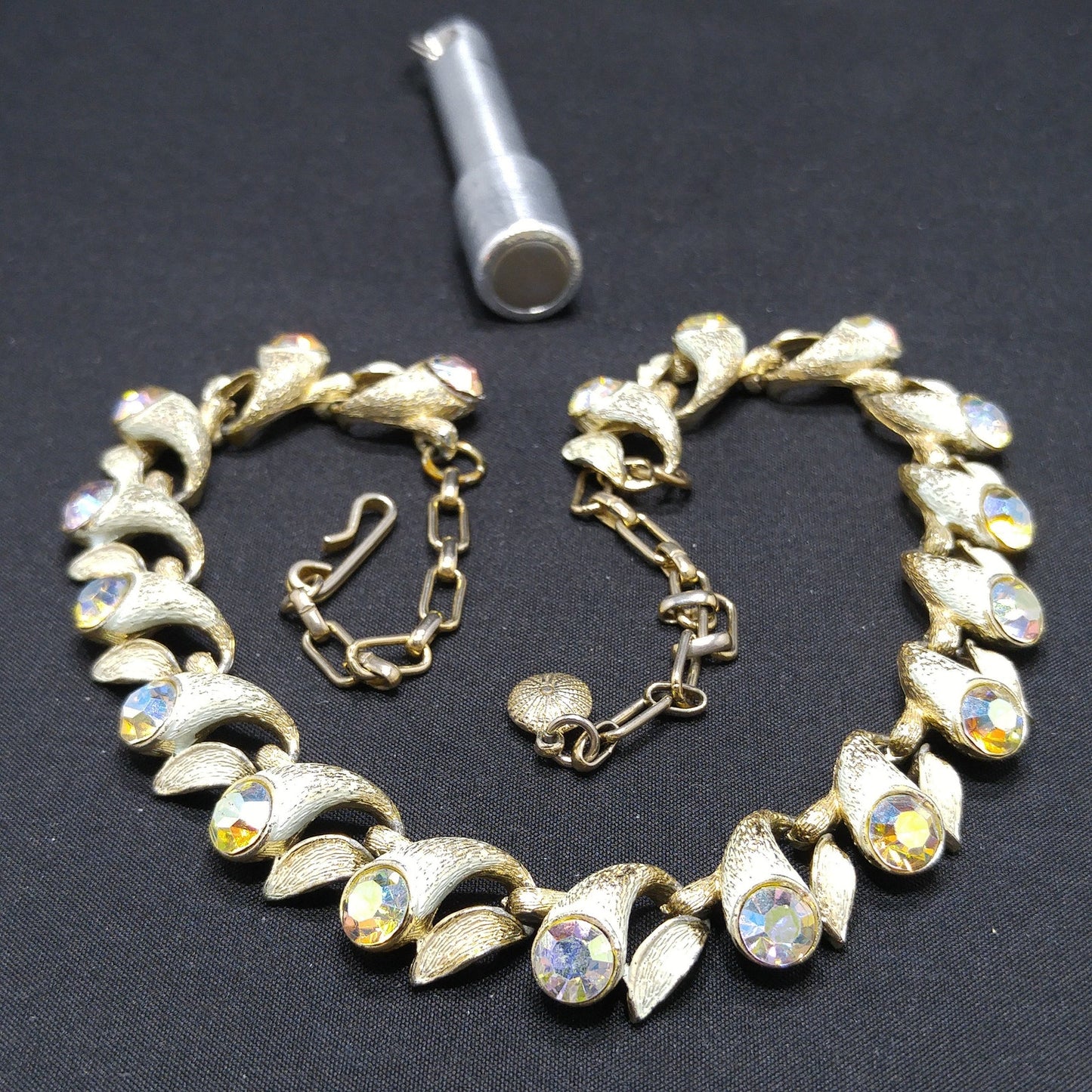 Brushed Gold Tone White Enamel Choker Necklace, Aurora Borealis Rhinestones, 1960s Vintage Jewelry