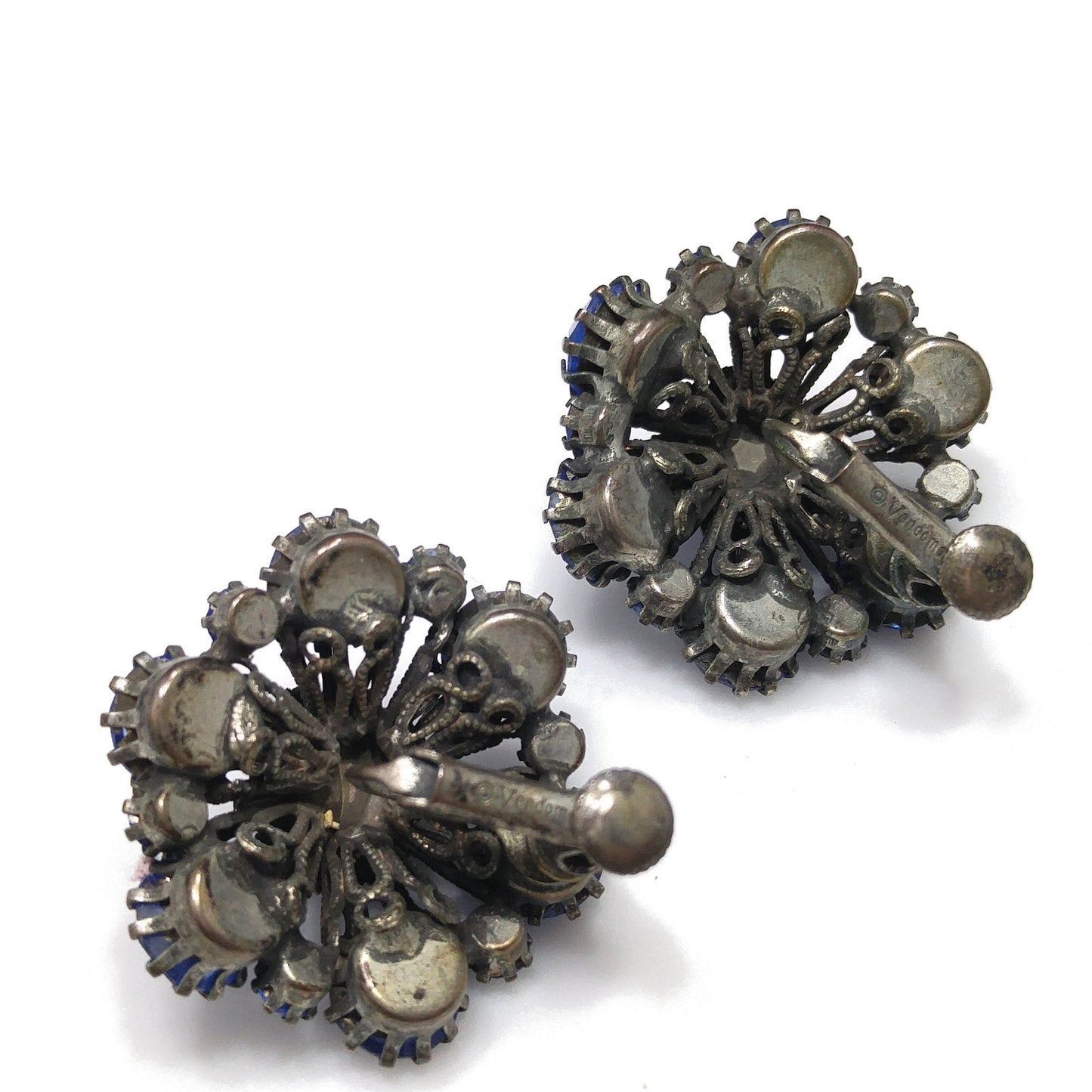 Vendome Blue Rhinestone Floral Clip Earrings, Antiqued Silver Tone, 1950s Vintage Jewelry