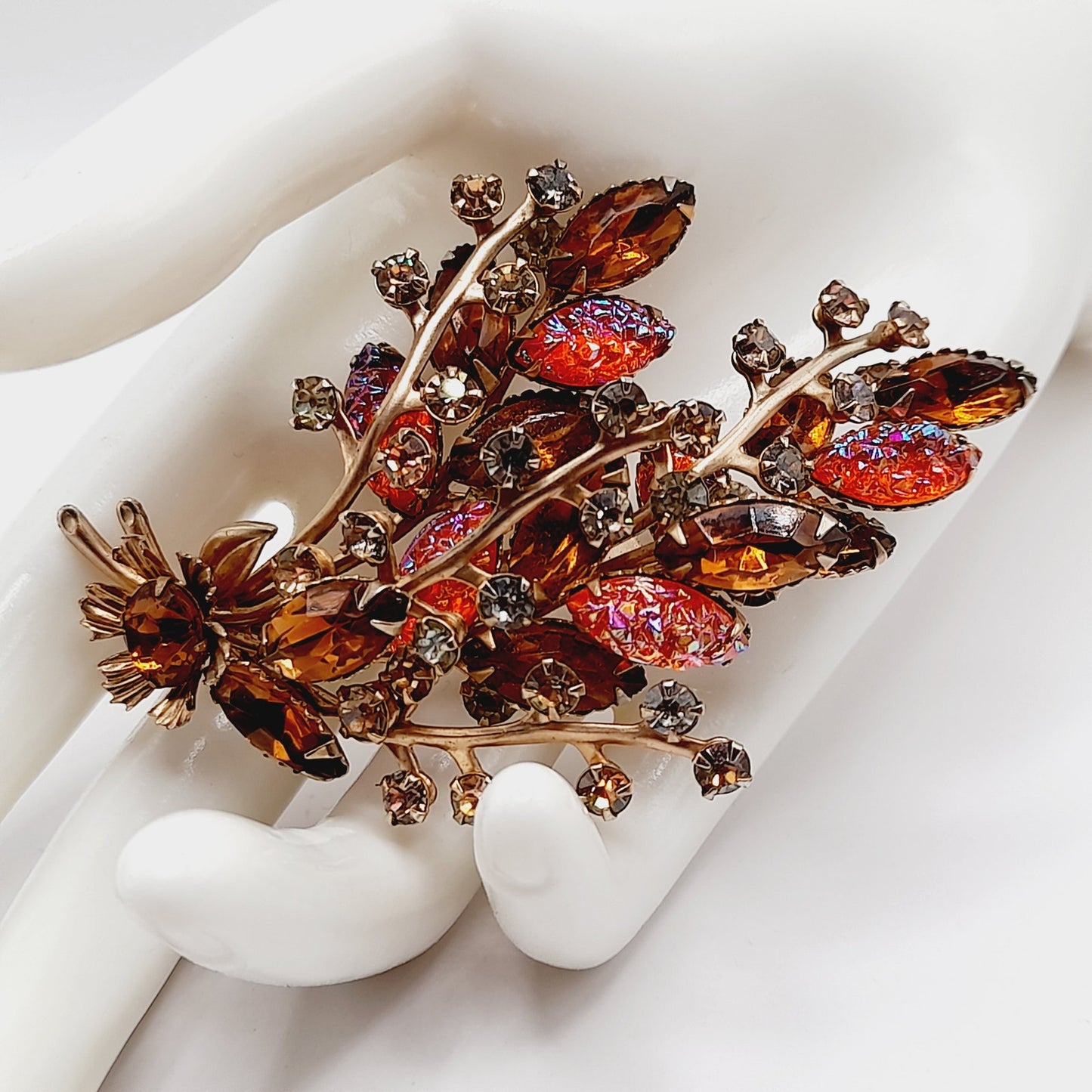 Vintage Amber Orange Rhinestone Leaf Brooch, 3D Layered, 1950s