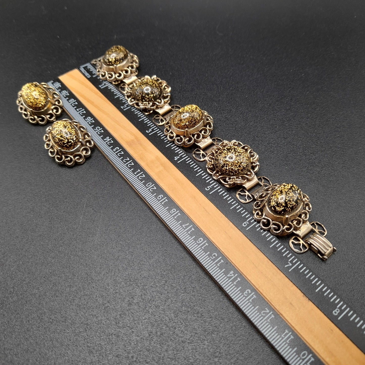 Vintage Glitter Lucite Bracelet Earrings Set, Book Chain, 1950s Vintage Jewelry