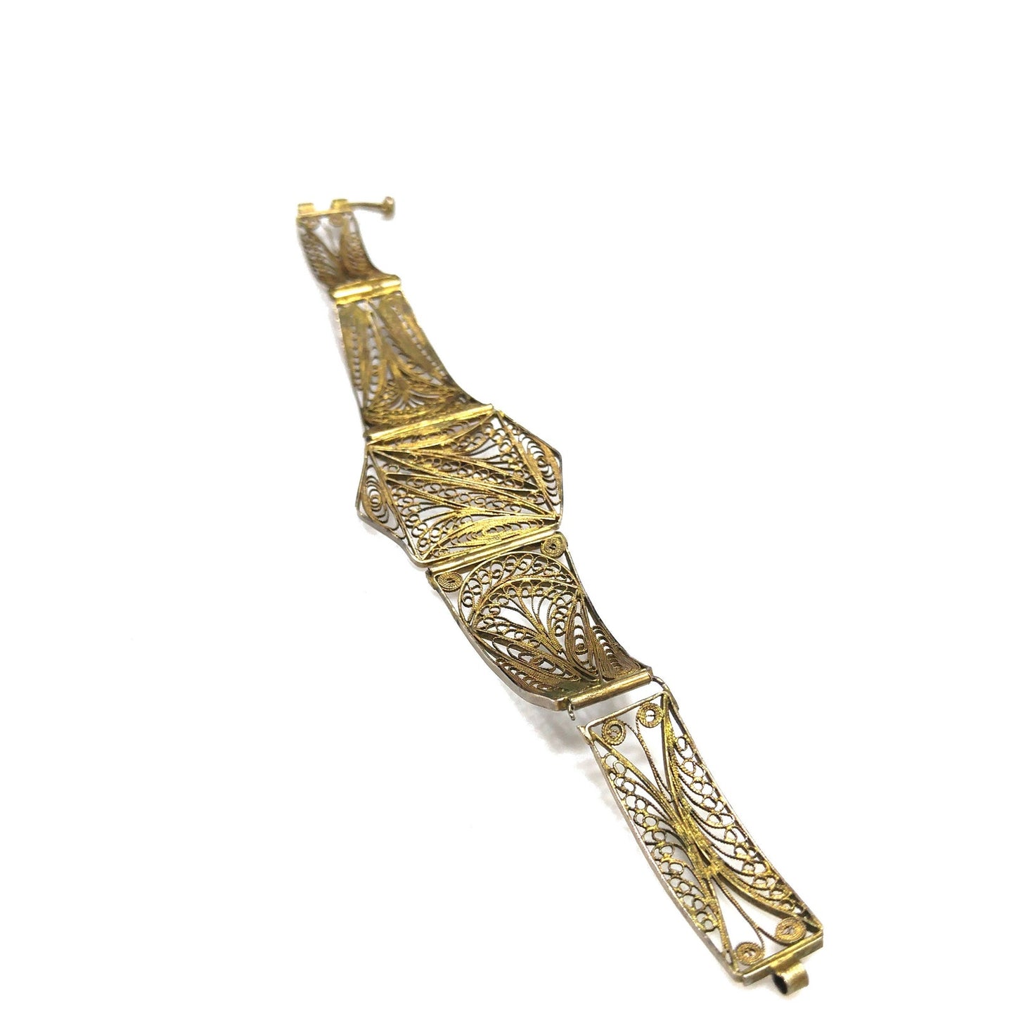 1920s Art Deco Cannetille Filigree Bracelet Gold Vermeil Silver 7 Inch