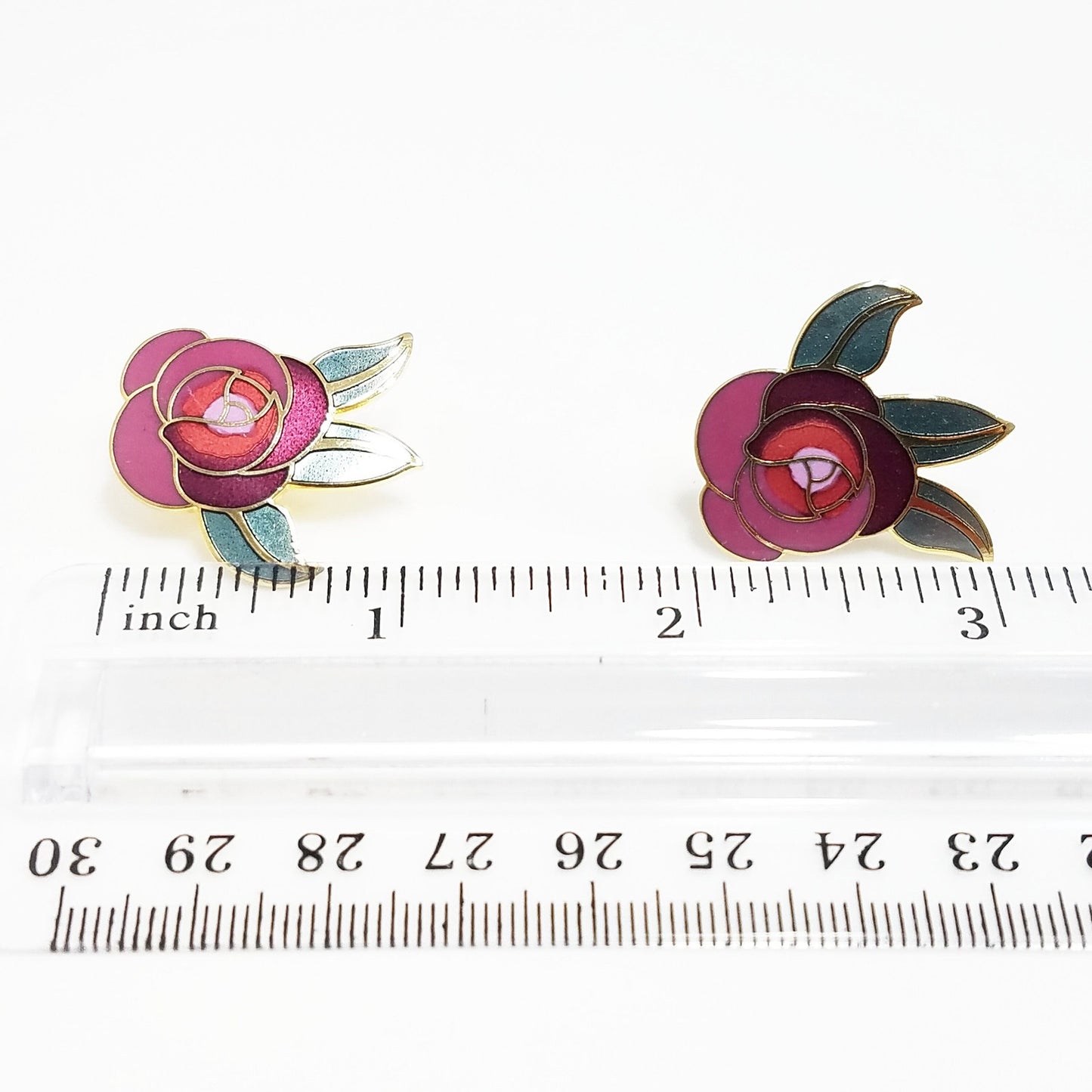 Vintage Laurel Burch "Deco Rose" Earrings, Gold Cloisonne Posts, Gold Plated