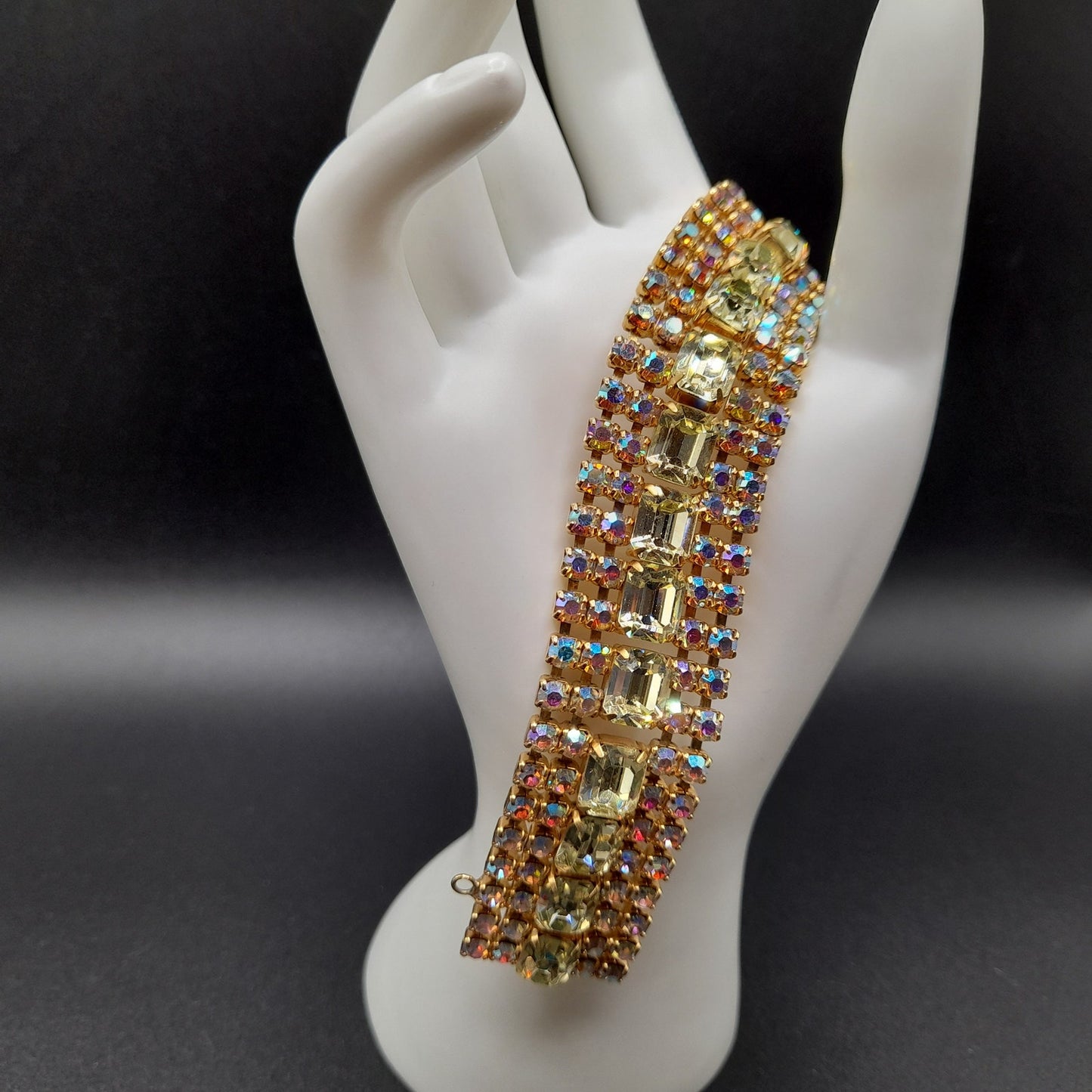 Jonquil Aurora Borealis Rhinestone Wide Bracelet, Gold Plated, 1960s Vintage Jewelry