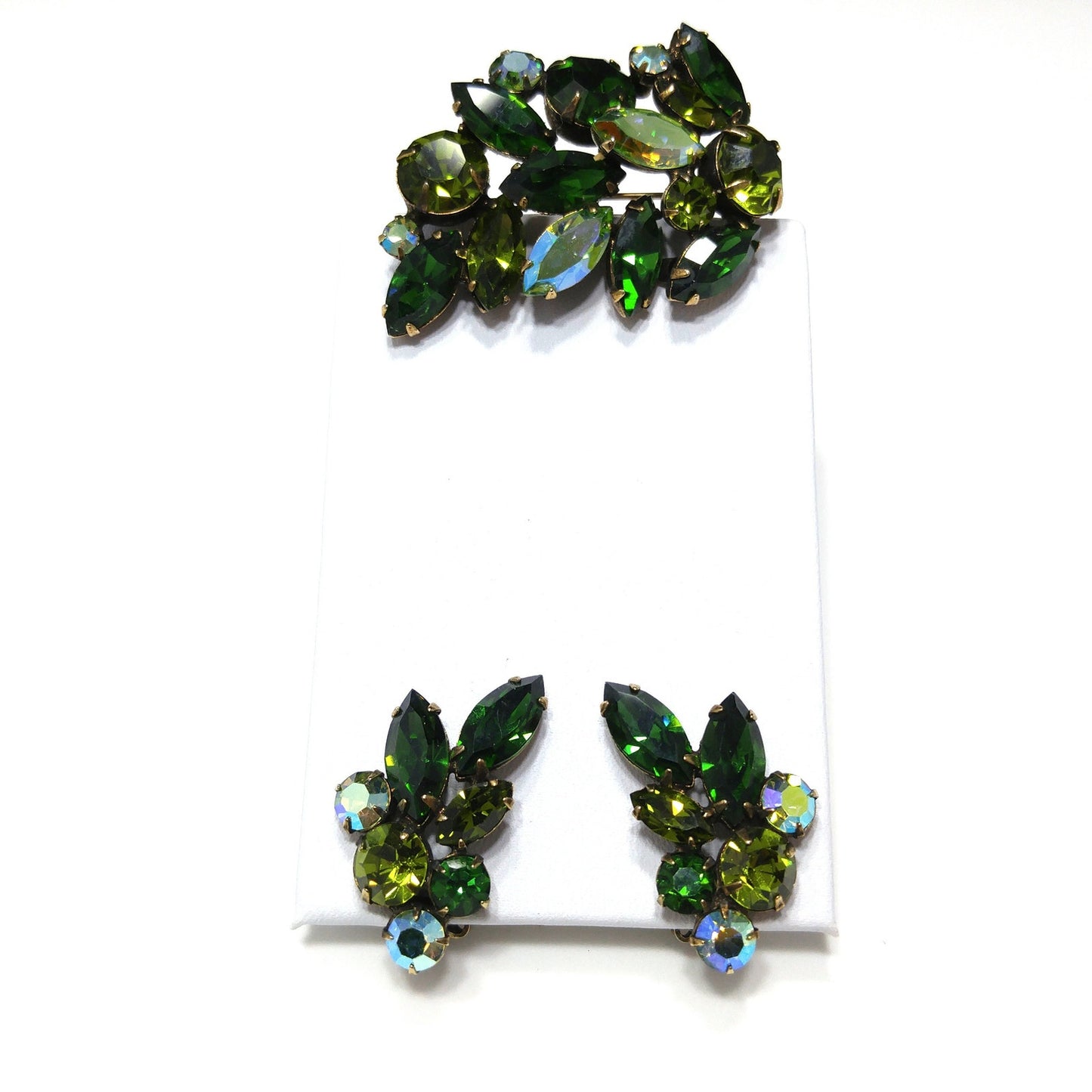Green Crystal Rhinestone Brooch & Earrings, Aurora Borealis, 1960s Vintage Jewelry