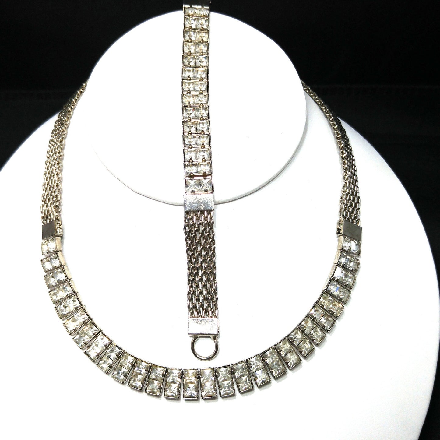 Art Deco Clear Rhinestone Choker Necklace Bracelet Set, Silver Tone Mesh, 1950s Vintage Jewelry