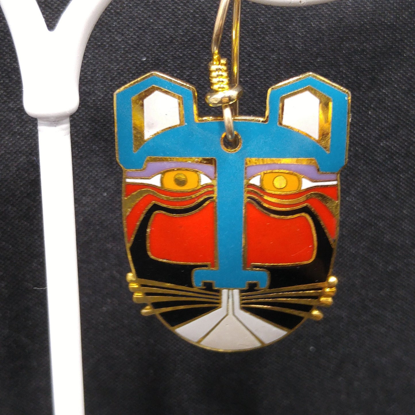 Laurel Burch "Miikio" Earrings, Gold Plated Enamel Large Cat Faces, 1980s Vintage Jewelry