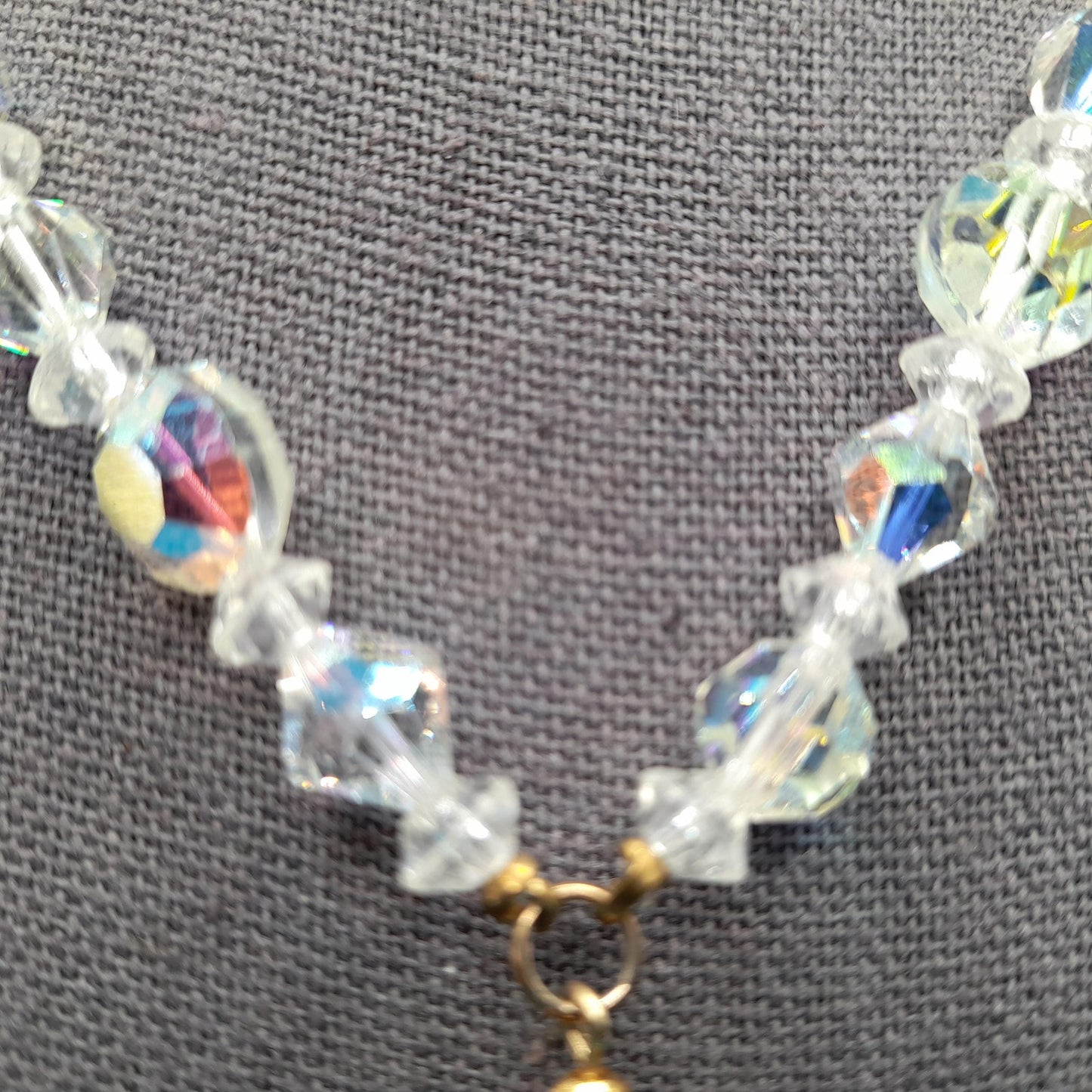 Clear Aurora Borealis Tassel Necklace, Bicone Round Aspirin Crystal Beads, 1960s Vintage Jewelry