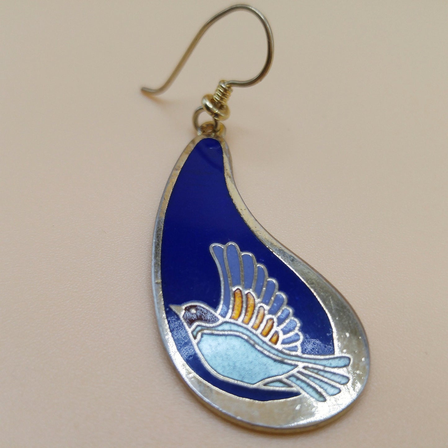 Vintage Laurel Burch Swallow Bird Blue Enamel Earrings, Gold Plated