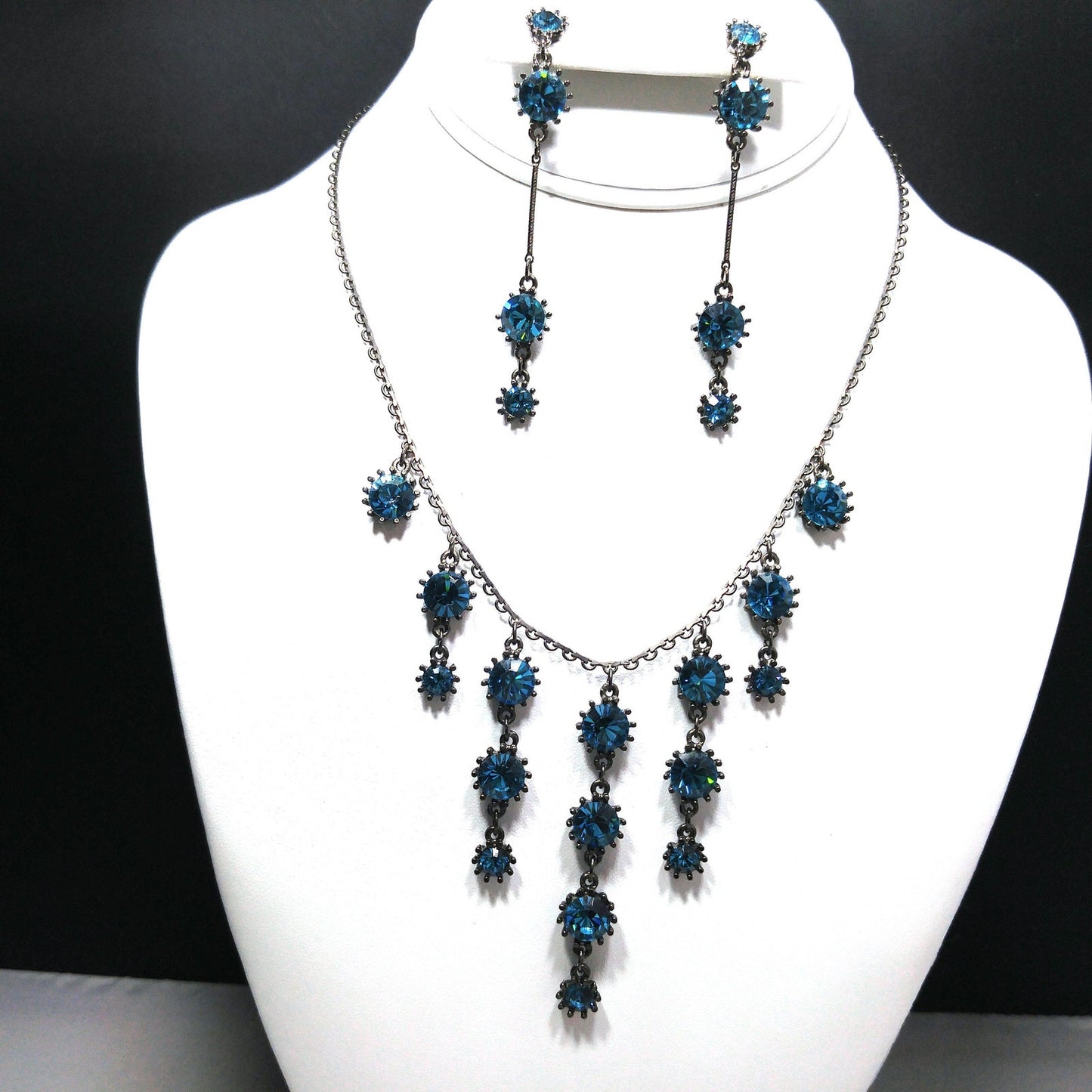 Austrian Crystal Turquoise Necklace Earrings Set, Long Post Earrings, Vintage Jewelry