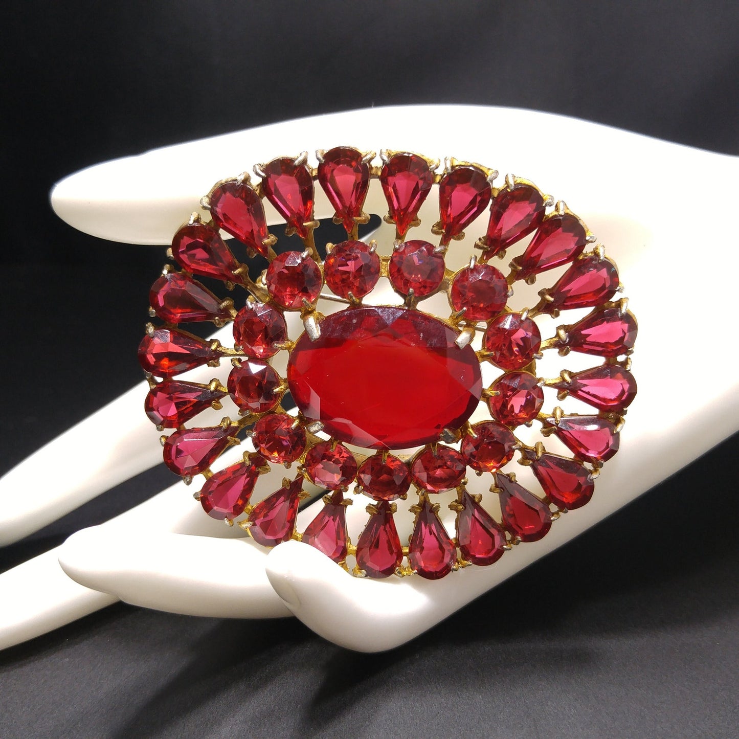 Large Red Rhinestone Sash Pin Brooch, Faceted Red Glass Stone Center, 1940s Vintage Jewelry