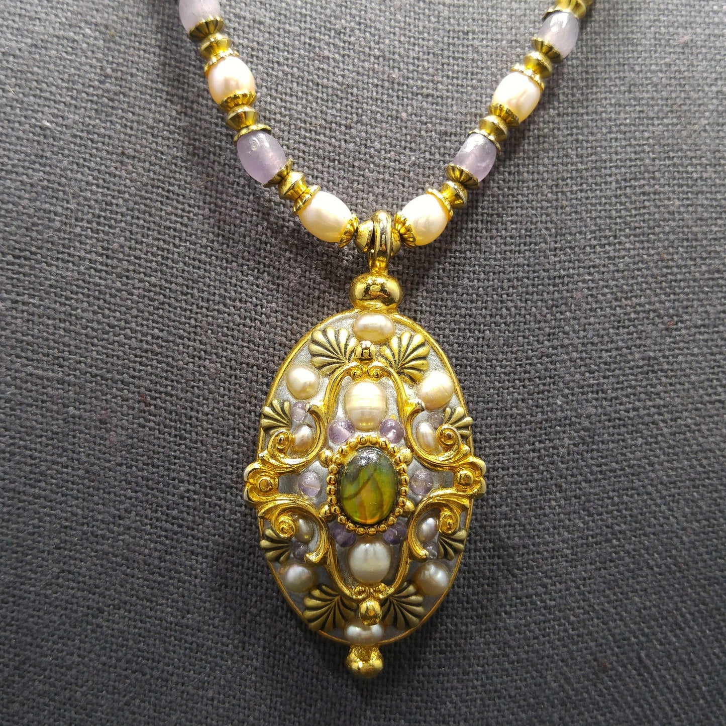 Michal Golan Amethyst Beaded Pendant Necklace, Faux Pearls, Artisan Vintage Jewelry