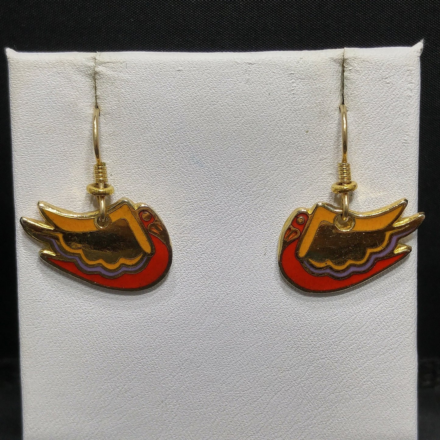 Laurel Burch "Wild Swan" Bird Earrings, Gold Plated, Enamel Cloisonne, 1980s