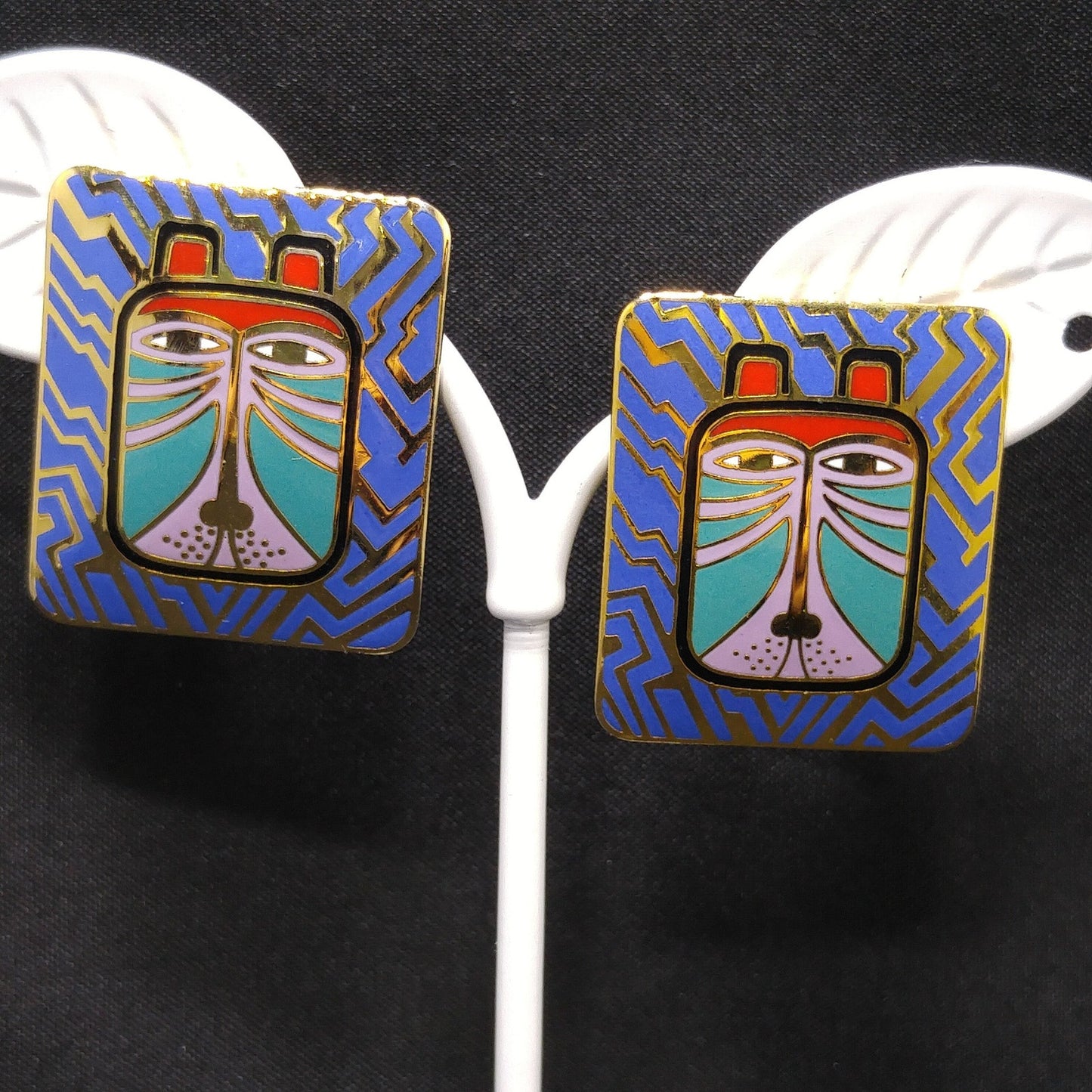 Laurel Burch "Toshio" Post Earrings, Gold Plated & Enamel Cloisonné, 1980s Vintage Jewelry