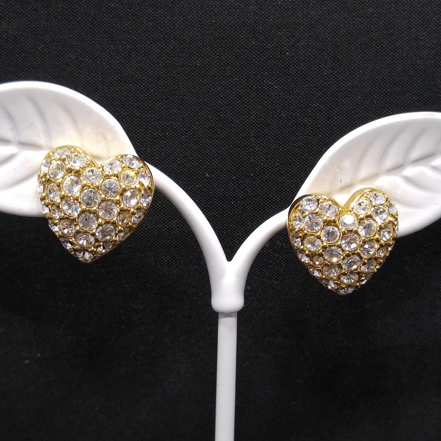 Vintage Swarovski Swan Logo Heart Earrings Clear Pave Rhinestones Gold 1980s