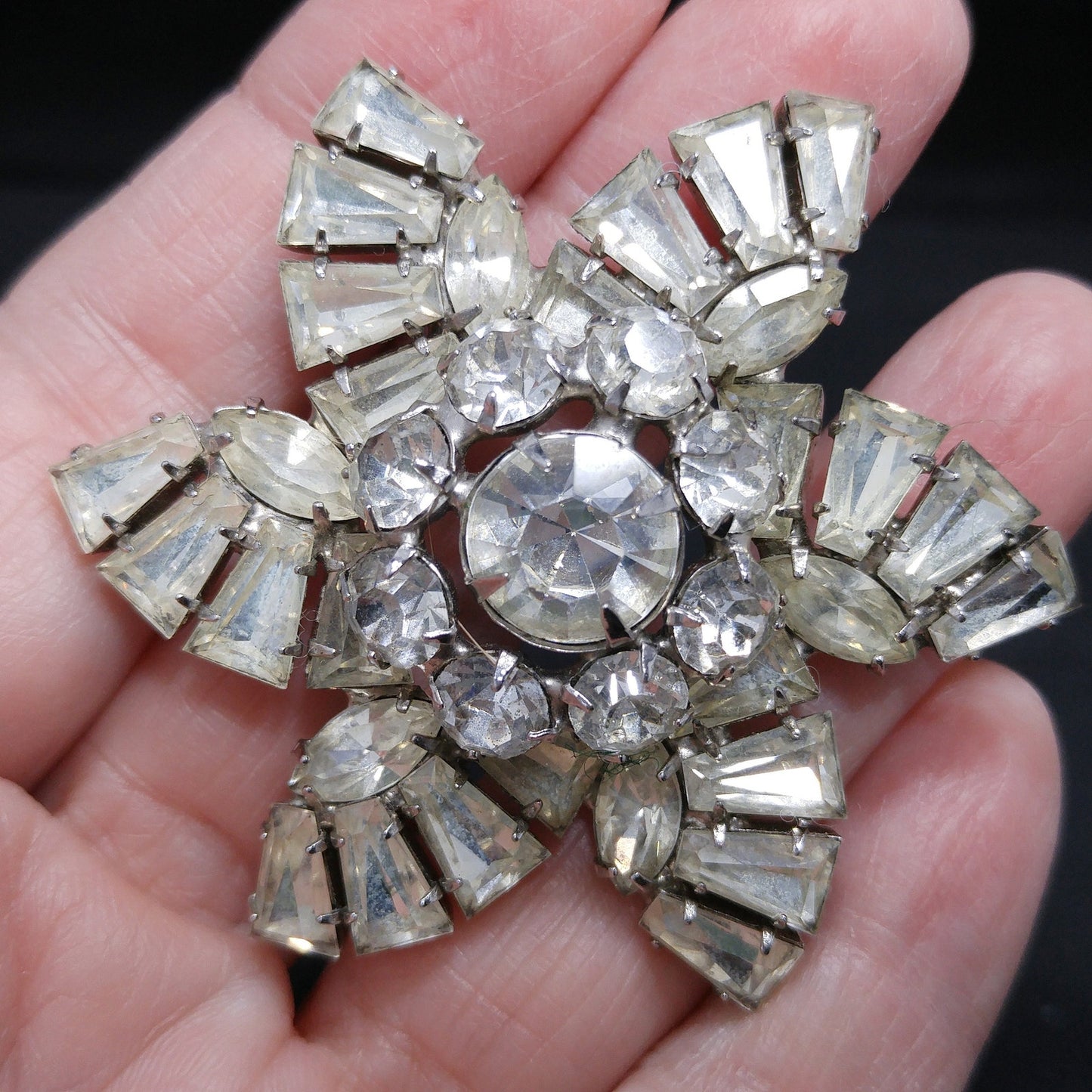 Mid Century Pinwheel Brooch, Clear Rhinestones, Rhodium Plated, 1950s Vintage Jewelry