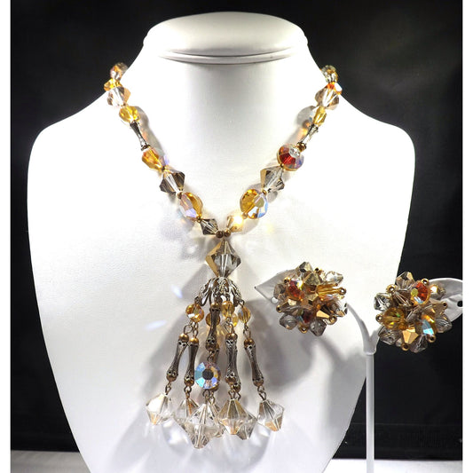 Topaz Crystal Aurora Borealis Gold Filigree Tassel Necklace Earrings, Swarovski Vintage Crystals, 1970s Vintage Jewelry