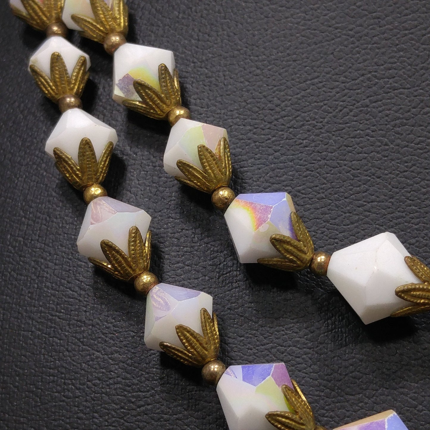 White Crystal Fire Polished Two Strand Necklace, Golden Brass End Caps, 1950s Vintage Jewelry