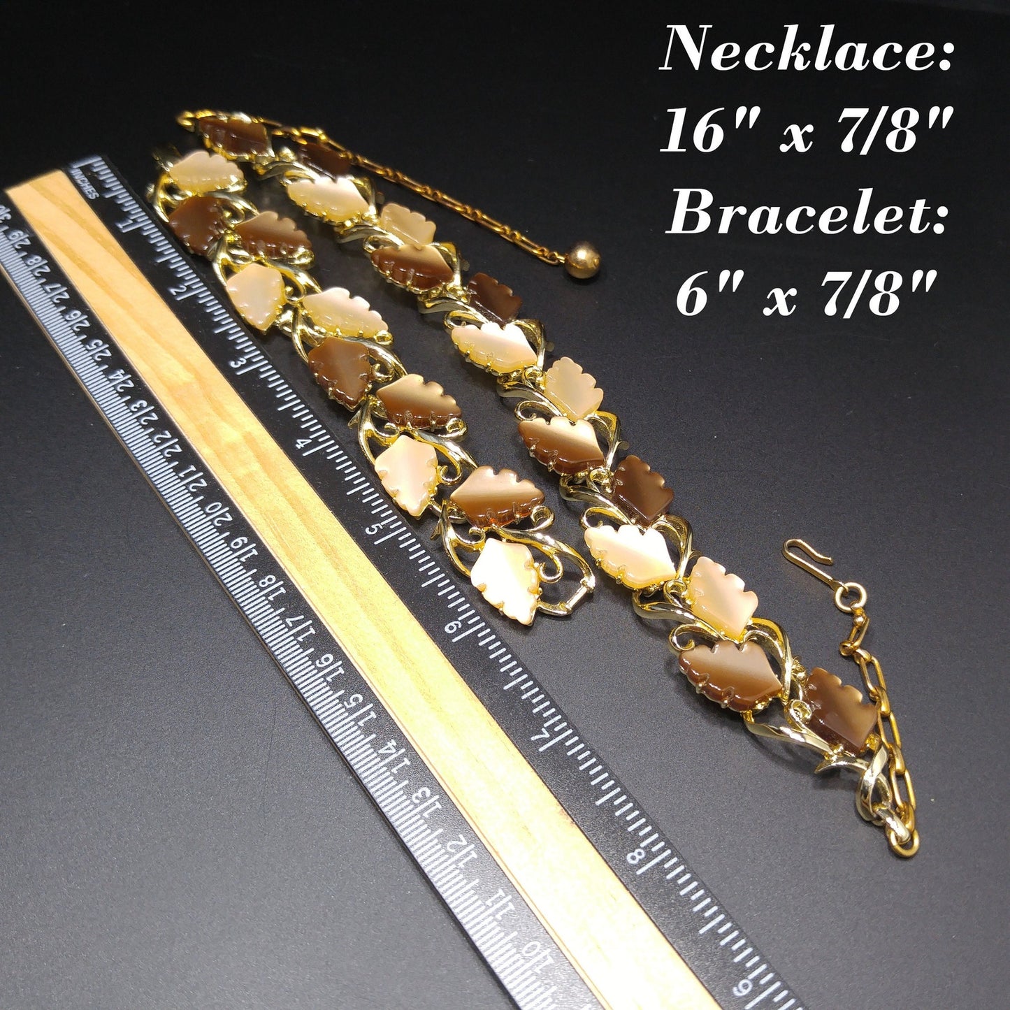 Mid-Century Beige Brown Moonglow Leaves Necklace Bracelet Set, Lucite Jewelry, 1950s Vintage Jewelry
