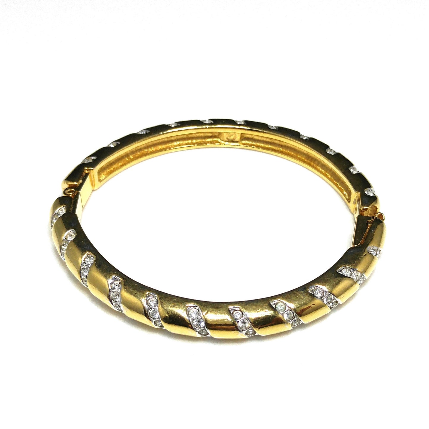 Swarovski Swan Logo Bracelet, Gold Plated Hinged Bangle, Clear Pave Rhinestones, 1980s Vintage Jewelry