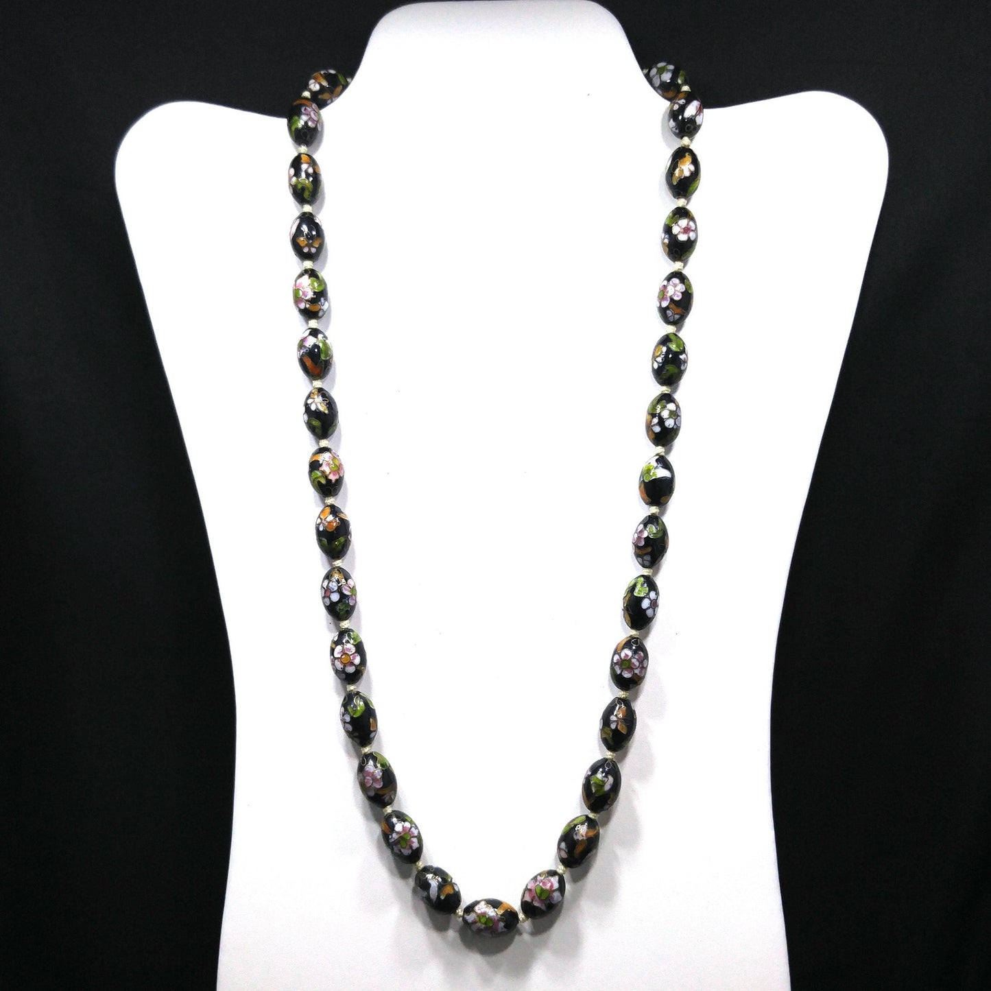 Vintage Cloisonné Beaded Necklace, Black Hand Painted Floral Beads, 1960s Vintage Jewelry