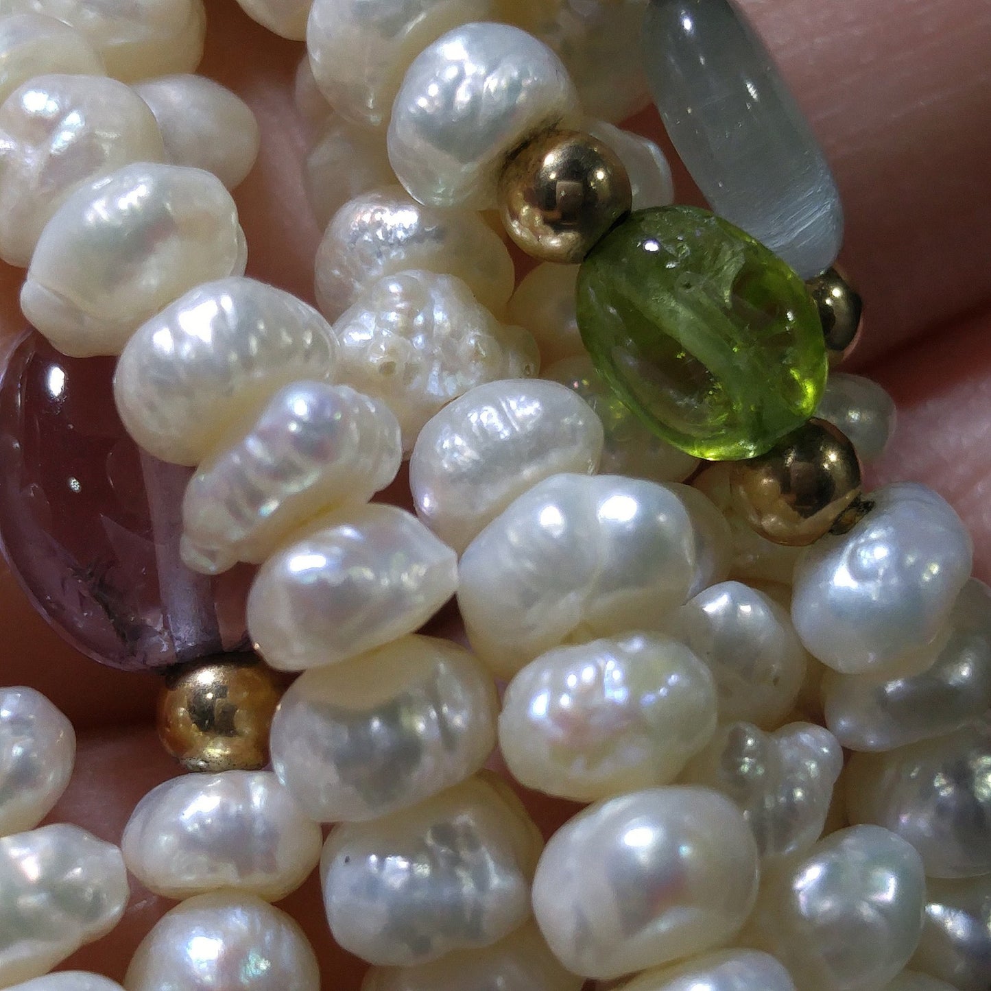 Sand Pearls & Gemstones Long Twisted Necklace, 4 Strands, No Clasp, 1970s Vintage Jewelry