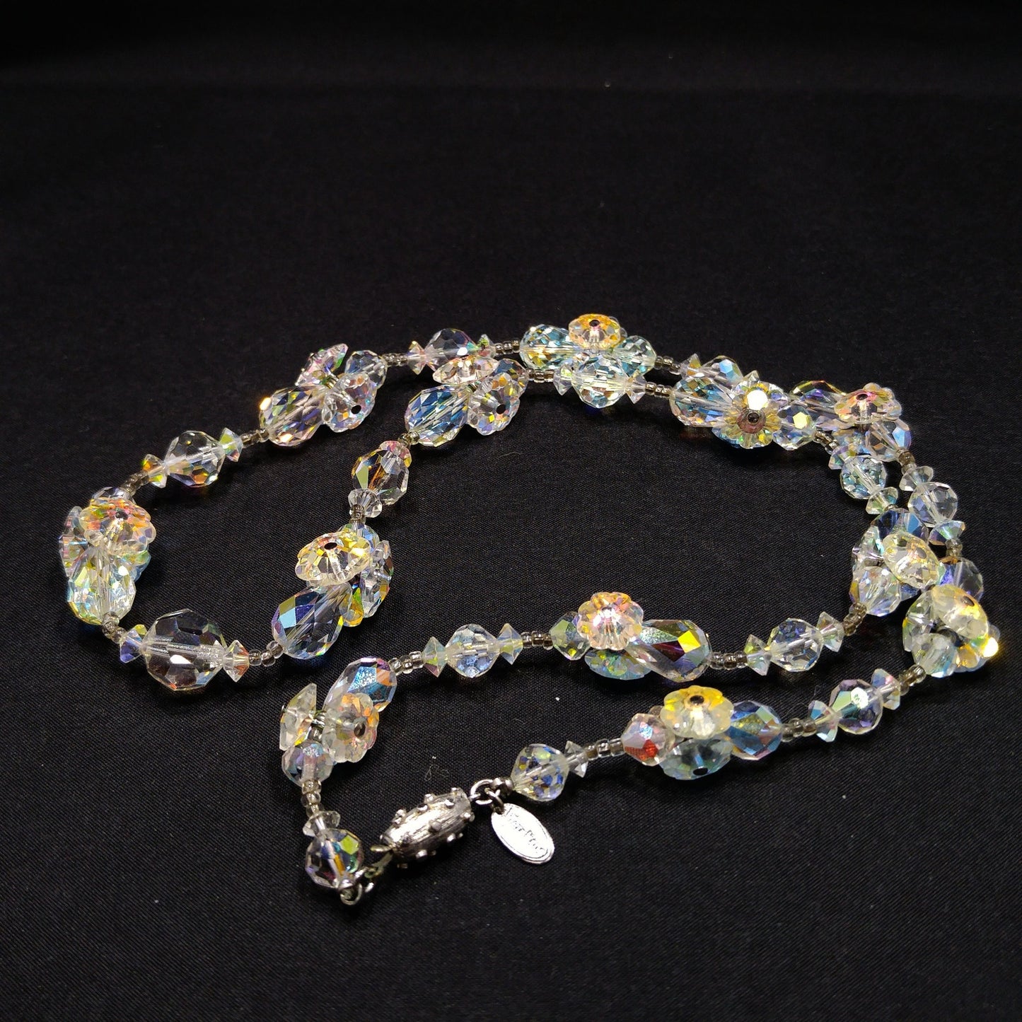 Vendome Flower Margarita Beaded Necklace, Aurora Borealis Clear Crystal Beads, 1960s Vintage Jewelry