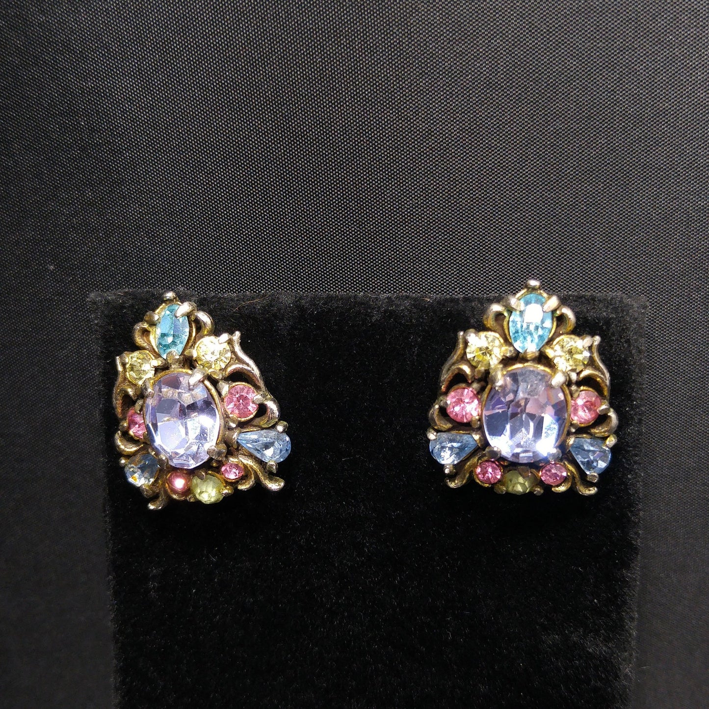 Hollycraft Pastel Rhinestone Earrings, Signed Copr 1950, Vintage Jewelry