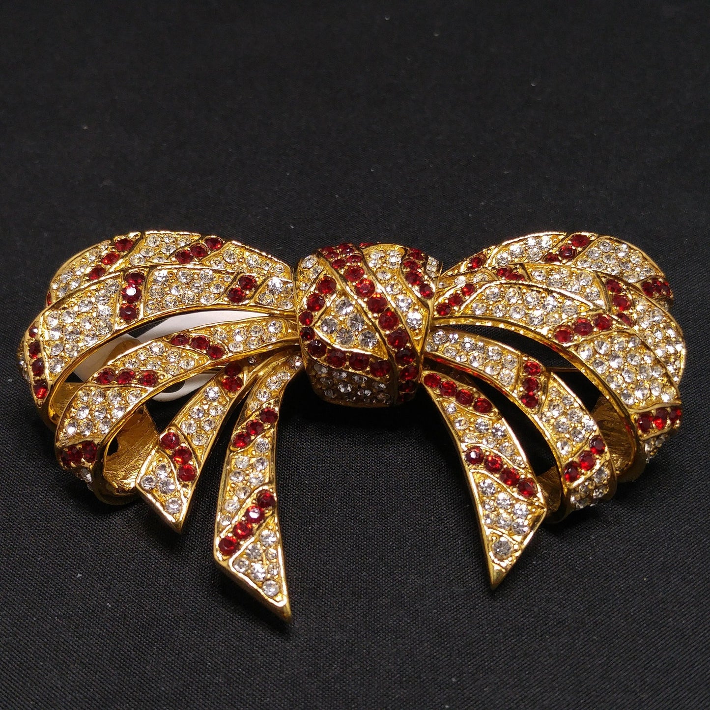 Ciner Red and Clear Rhinestone Bow Brooch – Vintage Gold Plated Large Statement Pin