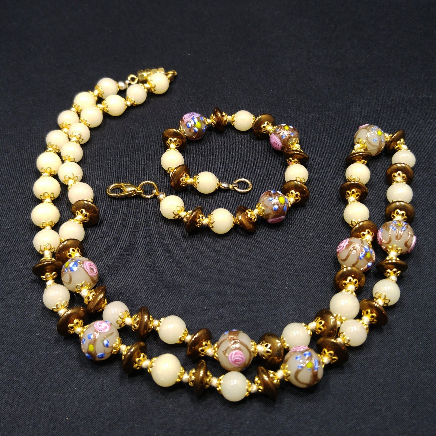 Wedding Cake Venetian Glass Beaded Necklace & Bracelet, Hand Knotted, Murano Lampwork, 1980s Vintage Jewelry