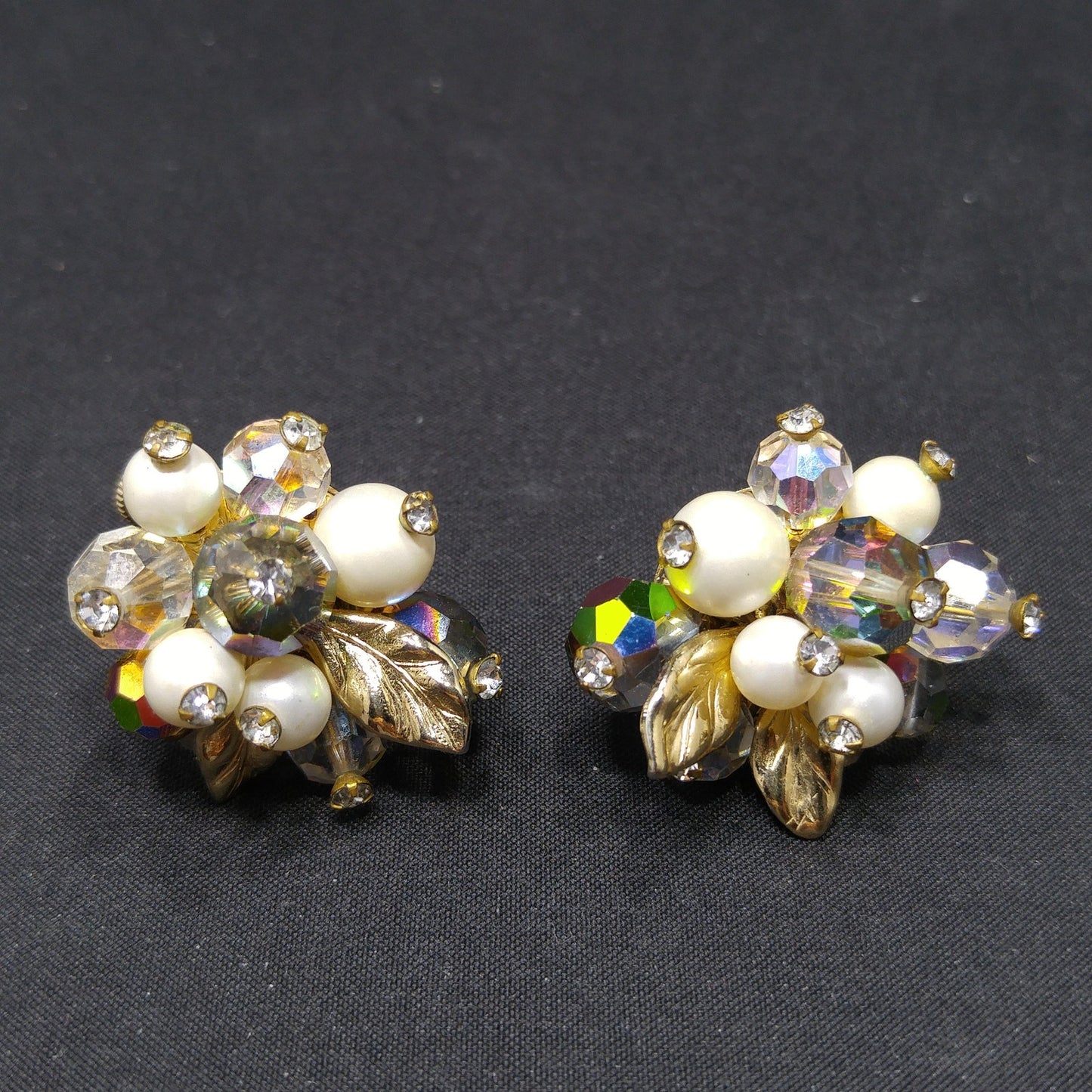 Vendome Floral Bead Crystal Clip Earrings, Faux Pearls, Vitrail Crystal, 1960s Vintage Jewelry