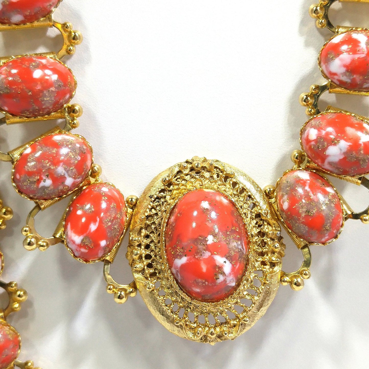 Book Chain Orange Gold Cabochon Lucite Belt or Long Necklace, Gold Robin's Egg Cabs, 36", 1960s Vintage Jewelry